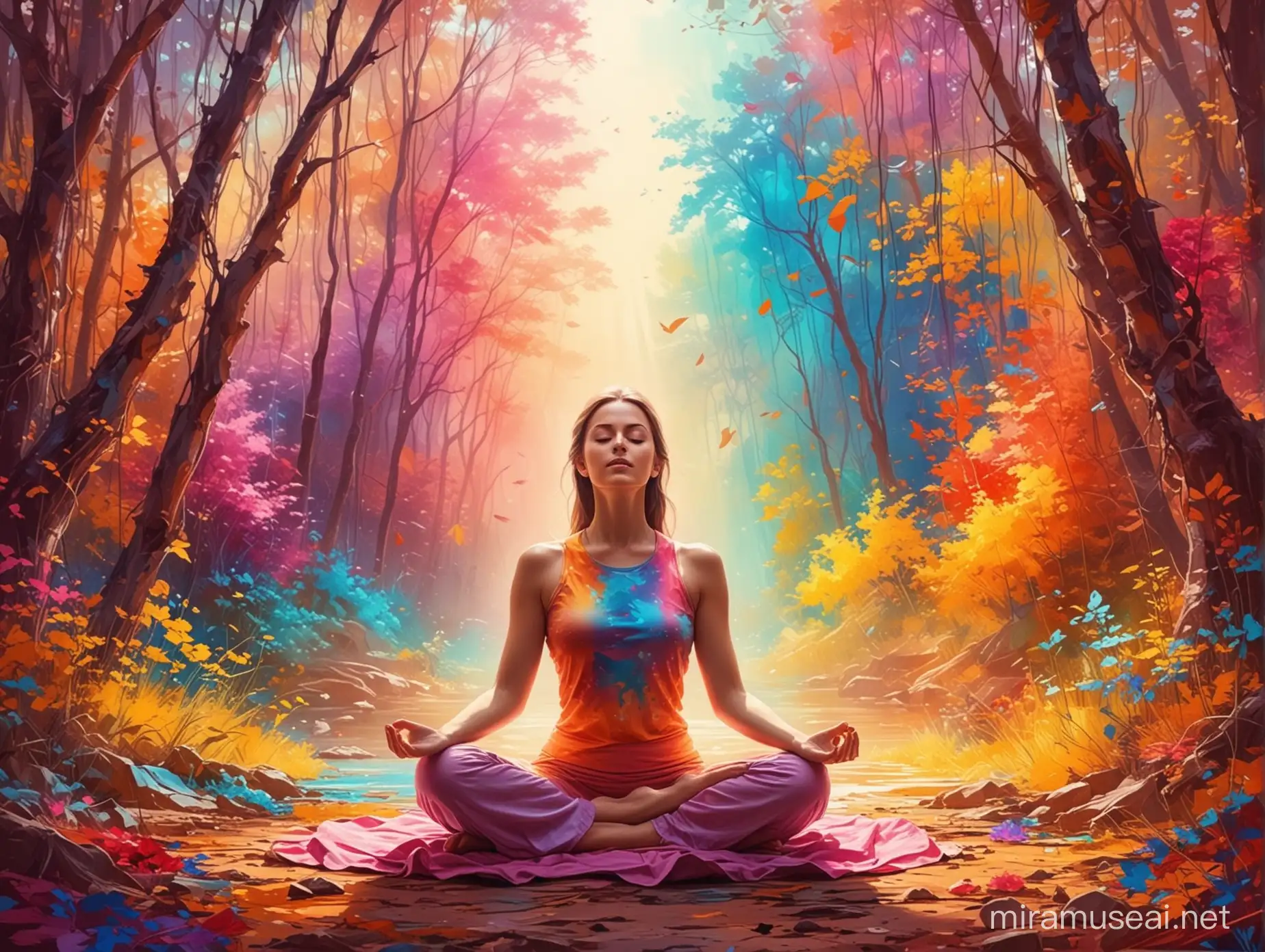 bright colors, abstract background, woman meditating in nature