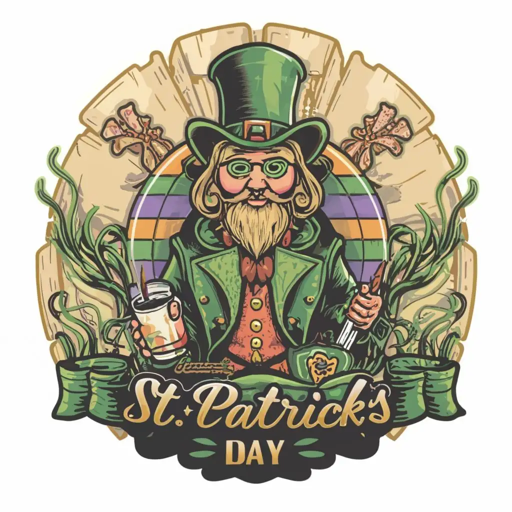 logo, t-shirt vector  St. Patrick's Day  themed ,intricately decorated,2d, flat, cute, adorable, vintage, art on a cracked paper, patchwork, fairytale, ultra highly detailed, tiny details, beautiful  marvel style theme white background ,Contour, Vector, white background, ultra  Detailed, ultra sharp narrow outlined image, no jagged edges,  vibrant neon  colors,  typography