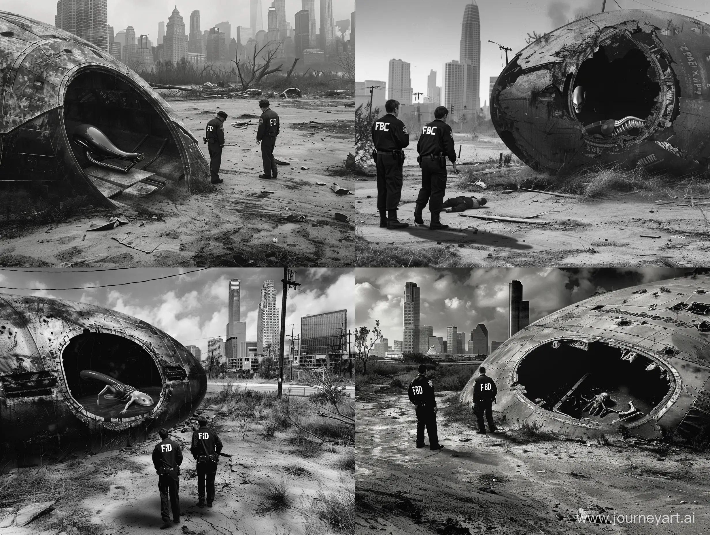 Ultra realistic. Ultra details. Vibe of 30s. Black and white. A vacant lot in the suburbs of a big city. The skyscrapers of Down Town are in the background. Two FBI agents investigating the wreckage of an alien ship. The ship crashed at tremendous speed and was badly damaged. You can see the body of an alien in the hole in the hull of the ship. 