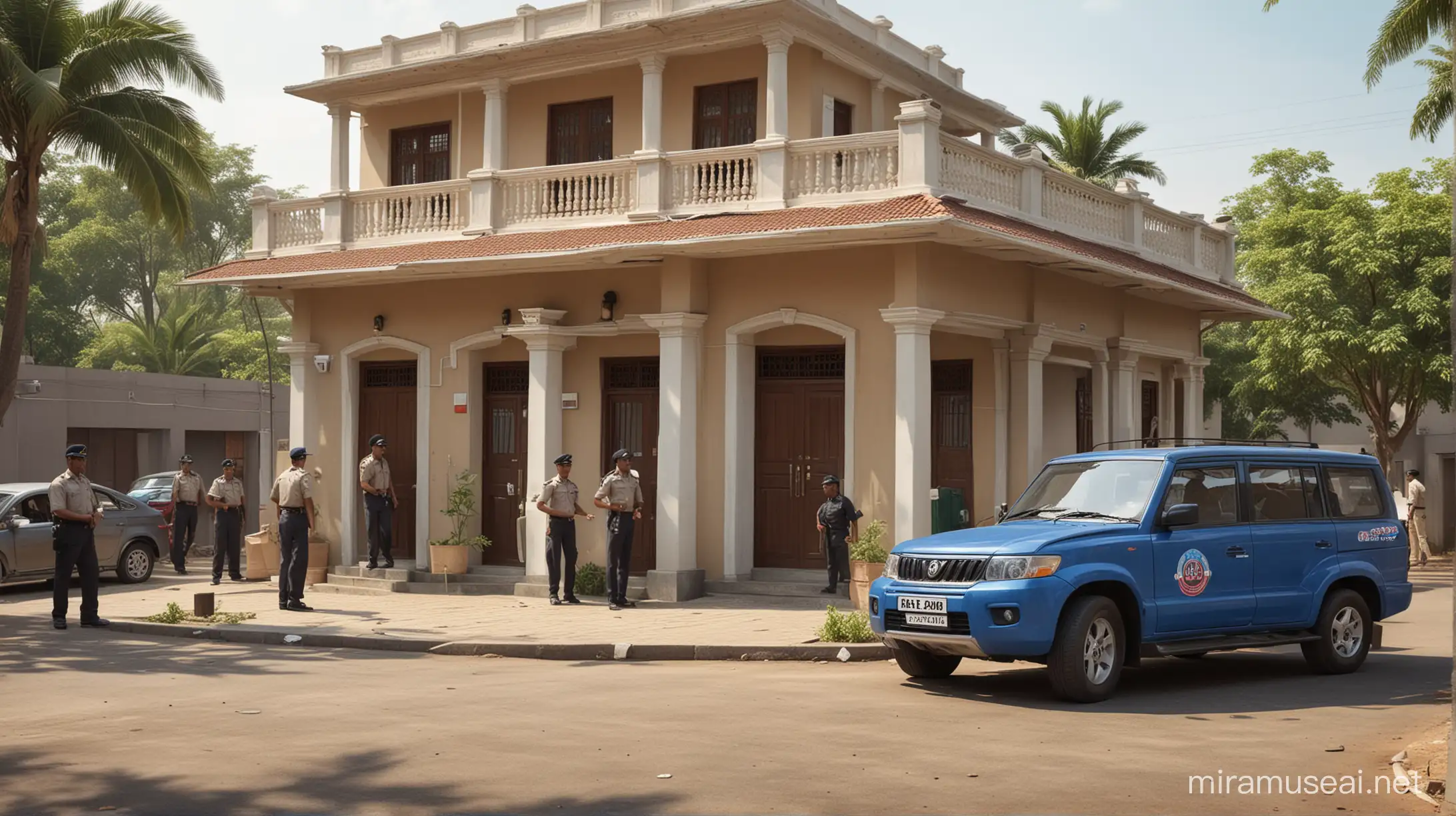 Create a scene depicting income tax officers conducting a raid on a house, with a Mahindra Bolero car parked outside. The officers should be wearing official uniforms, officers searching the premises, wide angle shot, hyper realistic, hyper detailed, shot with dslr camera