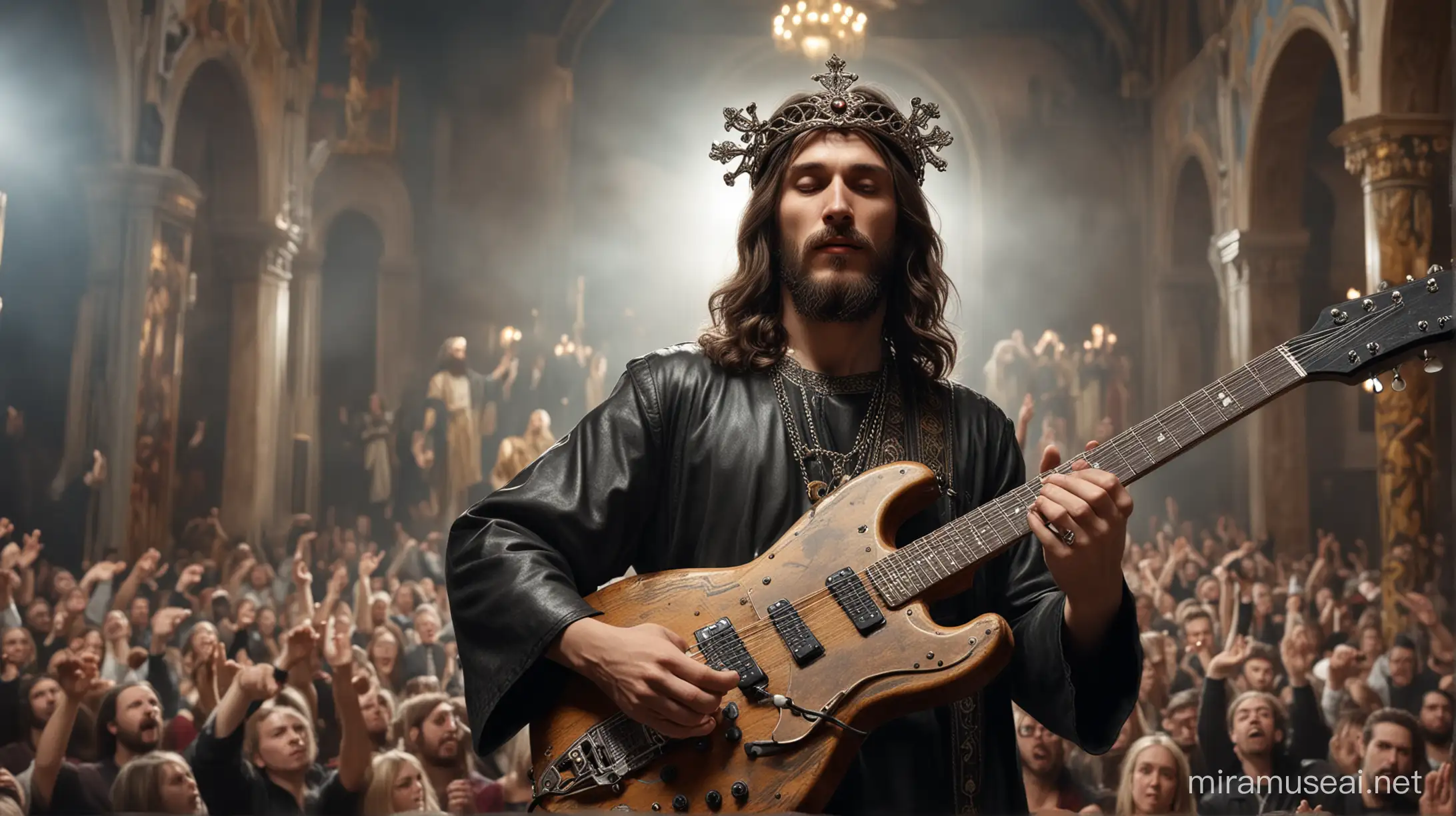 Jesus Christ rock concert in Russian orthodox church, electric rock-guitar in hands. High Detail. Ultra realism.