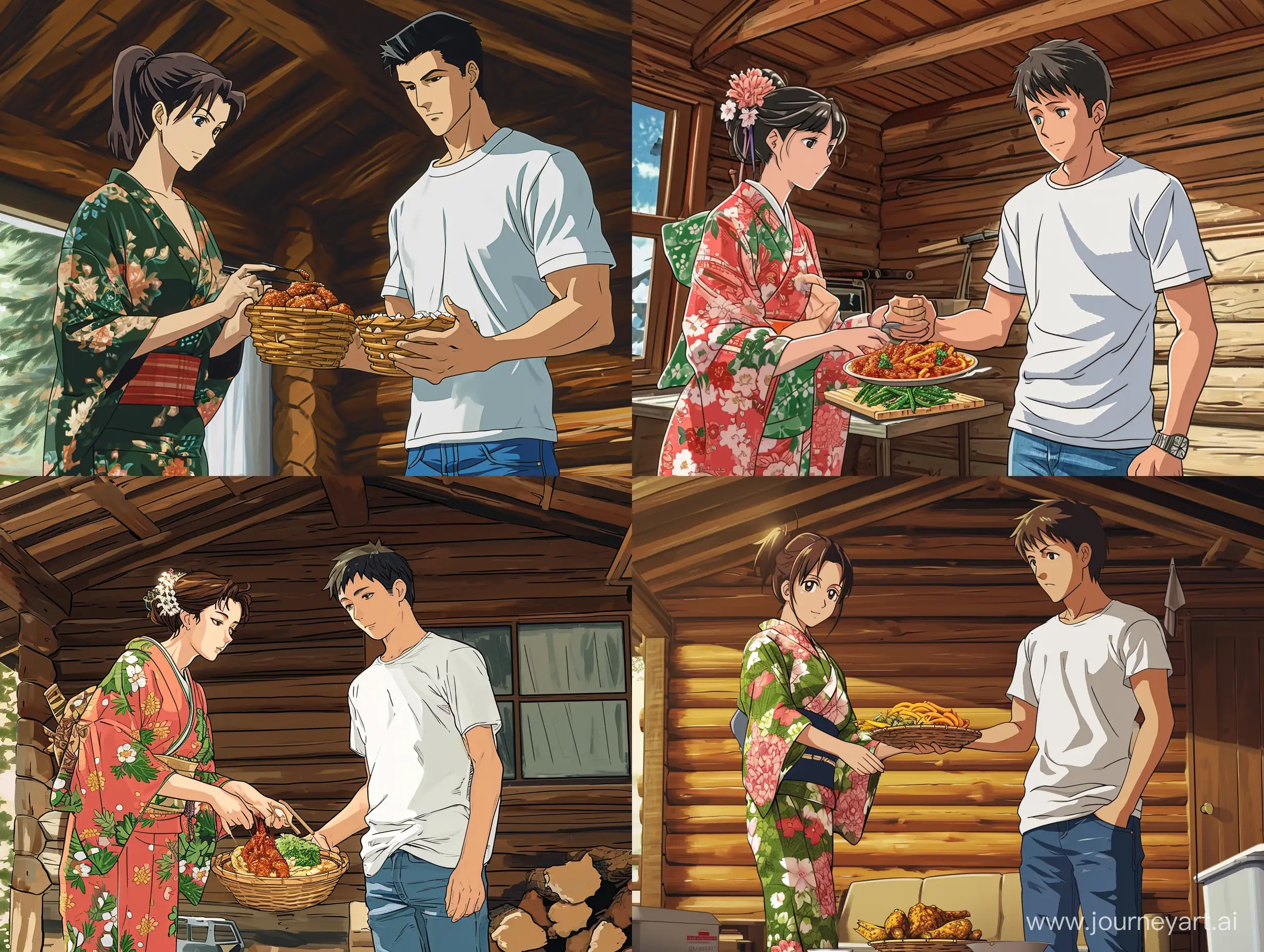 an anime scene, best quality, a woman in kimono bring food to serve a man in white T-shirt and jeans, inside the wooden cabin, humble food, cold,  ultra detailed --q 2 --ar 4:3 --v 6