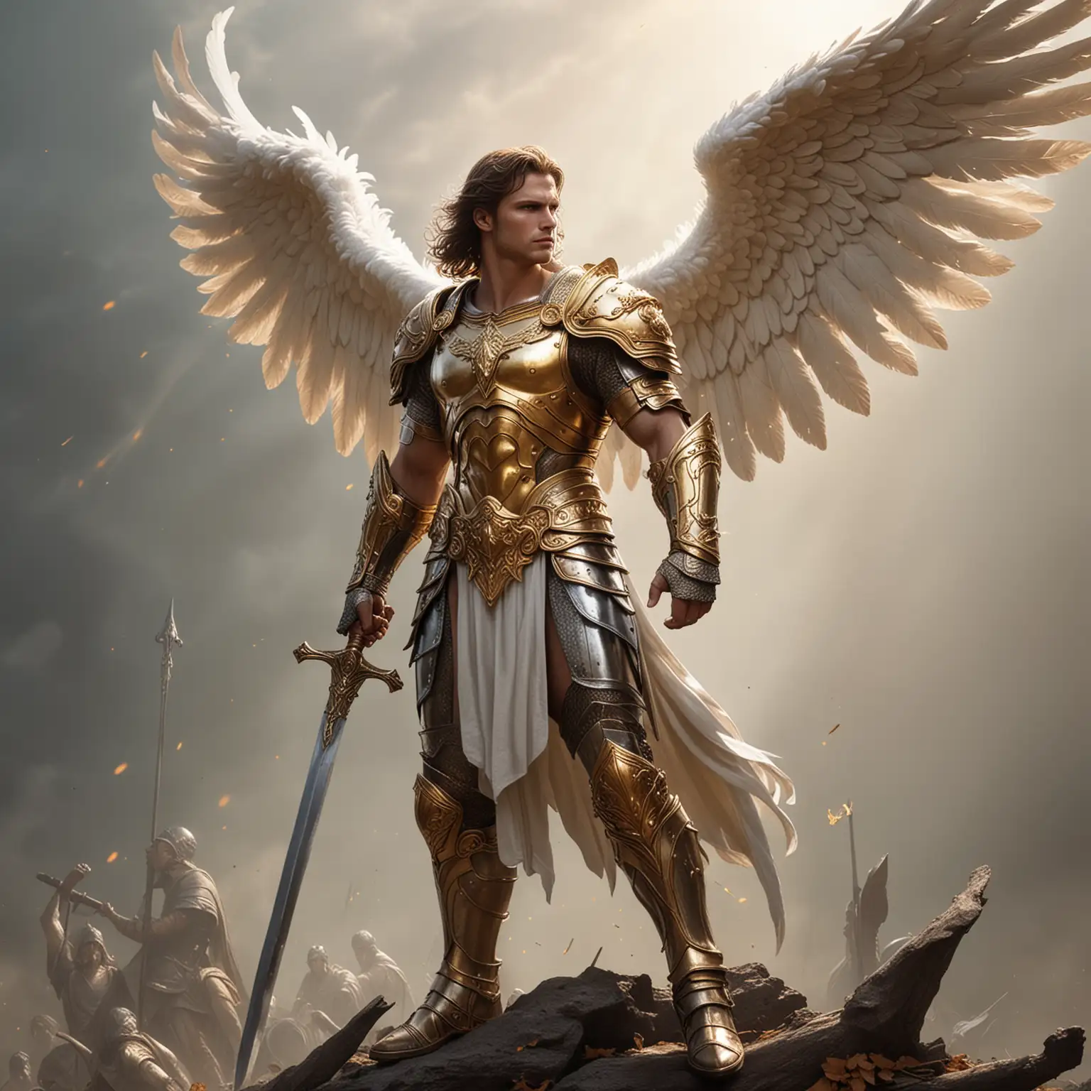 Godly male angel with sword and a stick and golden armor 
