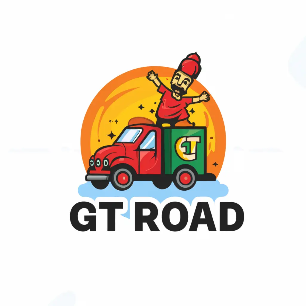 a logo design,with the text "GT ROAD", main symbol:it should capture the lively energy of Pakistani truck art with a  man cartoon character images,Minimalistic,clear background