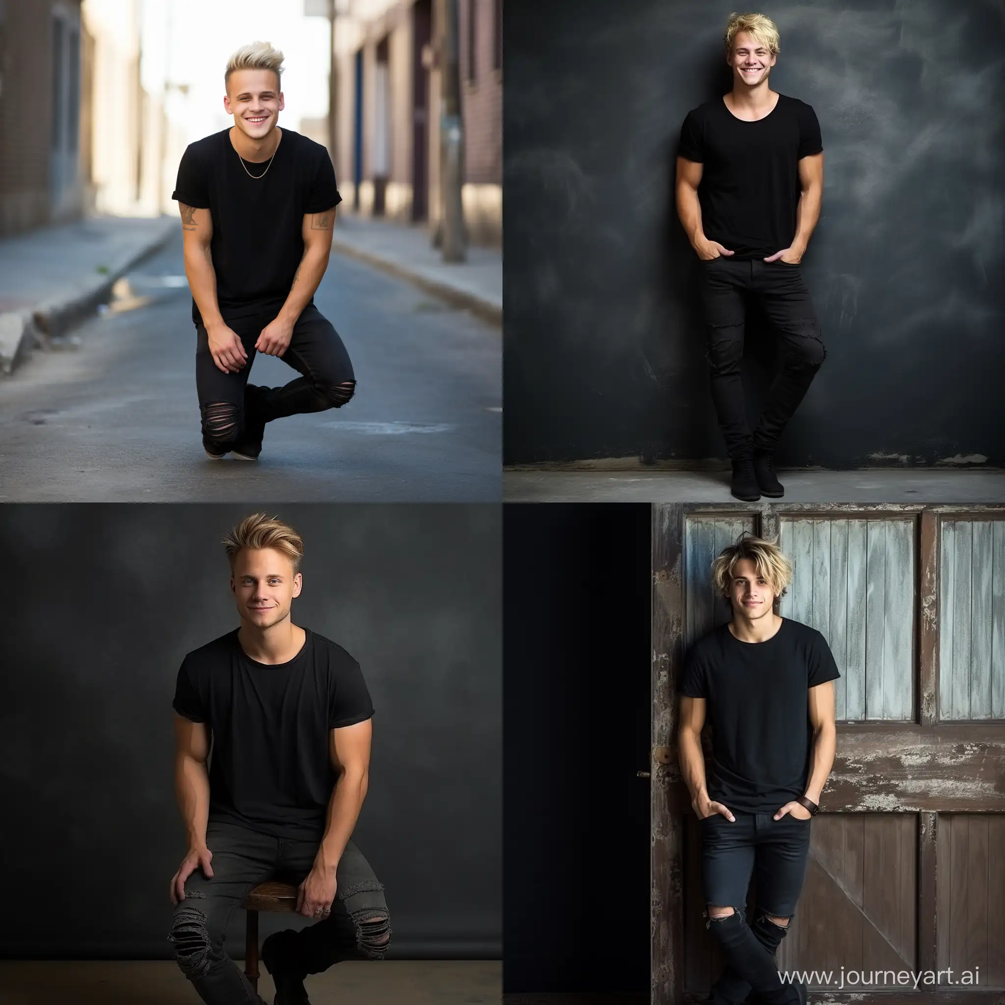 full body, a fantastic photograph of a man dressed in a black t-shirt and jeans, beautiful, very beautiful, detailed, highest quality 8k HD wallpaper, energetic composition, smiling, confident, mischievous, blonde hair, shaved, proportion short hair aurea, concept