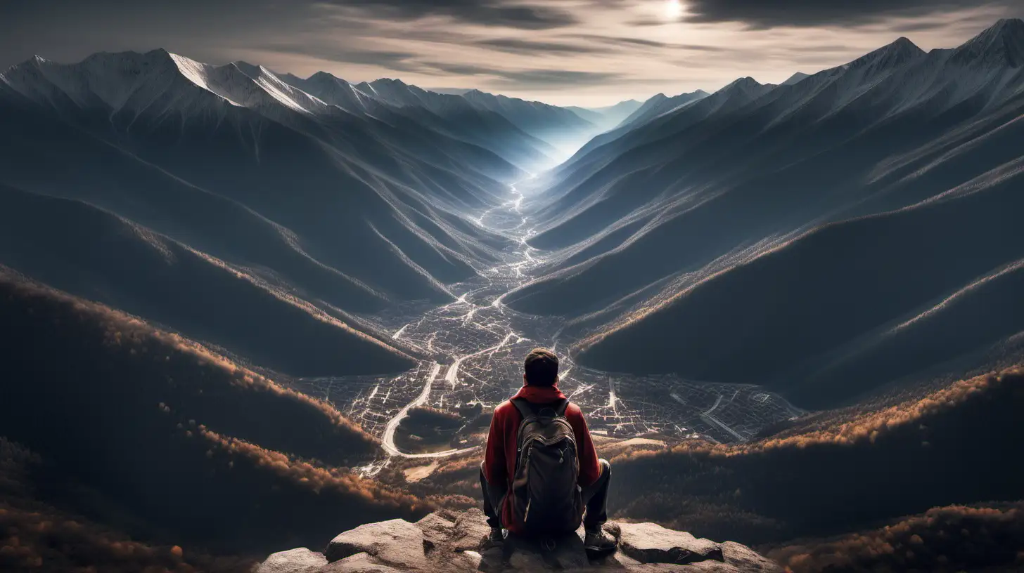 A lone wanderer reflects on his endless journey of travel, marvelling at the mystery and wonder he has witnessed hiking through mountains viewing the town below