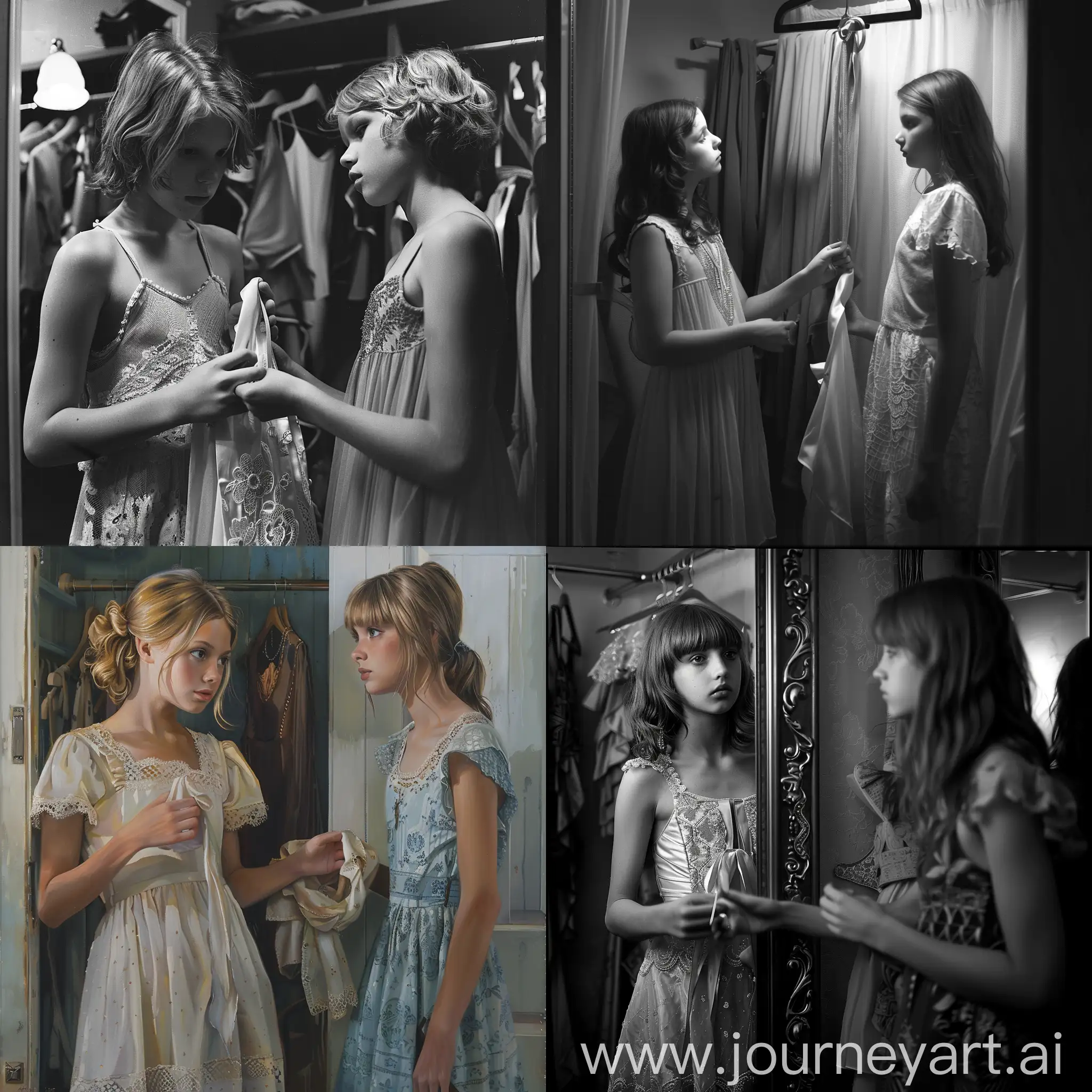 
inside the fitting room two young women, one holding a dress and the other looking at her