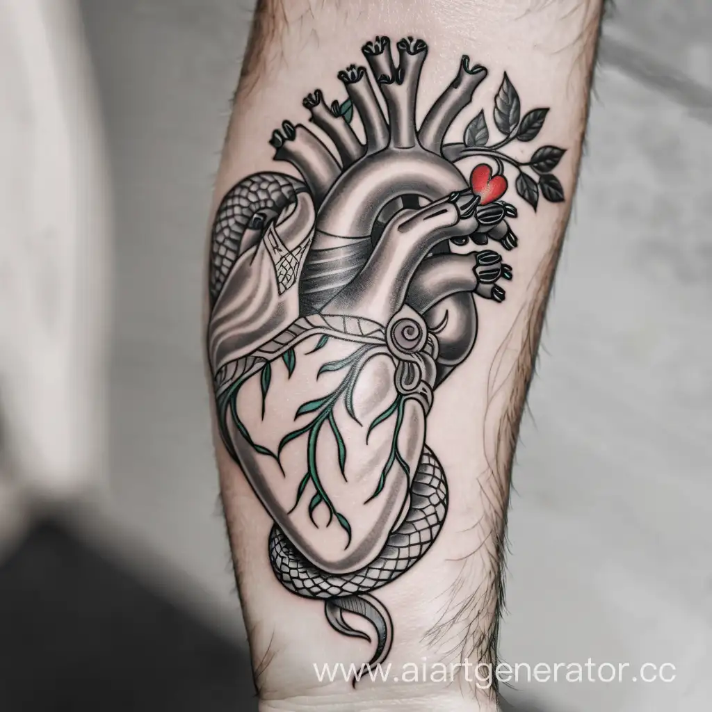 Человеческая рука держит нвстоящее анатомическое сердце. На запястье медицинская татуировка в виде змеи