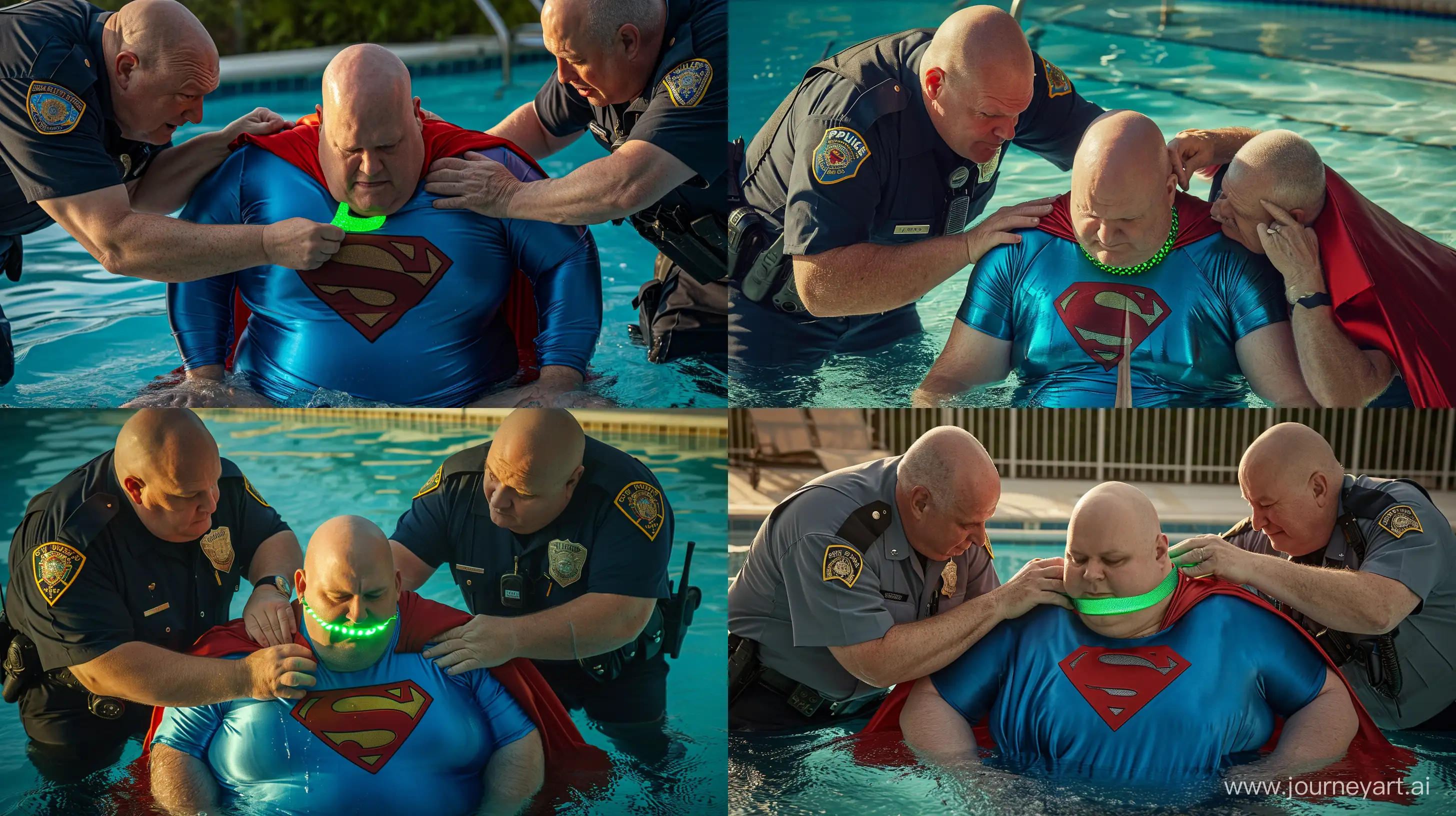 A closeup photo of two chubby man aged 60 wearing a police uniform, bending behind and tightening a green glowing small short dog collar on the nape of another chubby man aged 60 sitting in the water and wearing a tight blue silky superman costume with a large red cape. Swimming Pool. Natural Light. Bald. Clean Shaven. --style raw --ar 16:9 --v 6