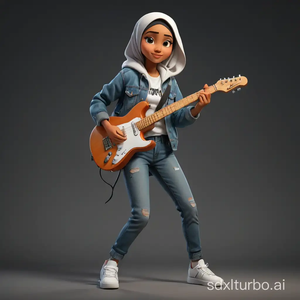 Hyperrealistic  4D caricature A beautiful Indonesian girl, Wearing a hijab, wearing a white t-shirt, jeans jacket, jeans, Nike shoes, Stand on a block,Holding an electric guitar,Black background with dim light, photo, 3d render, portrait photography, painting