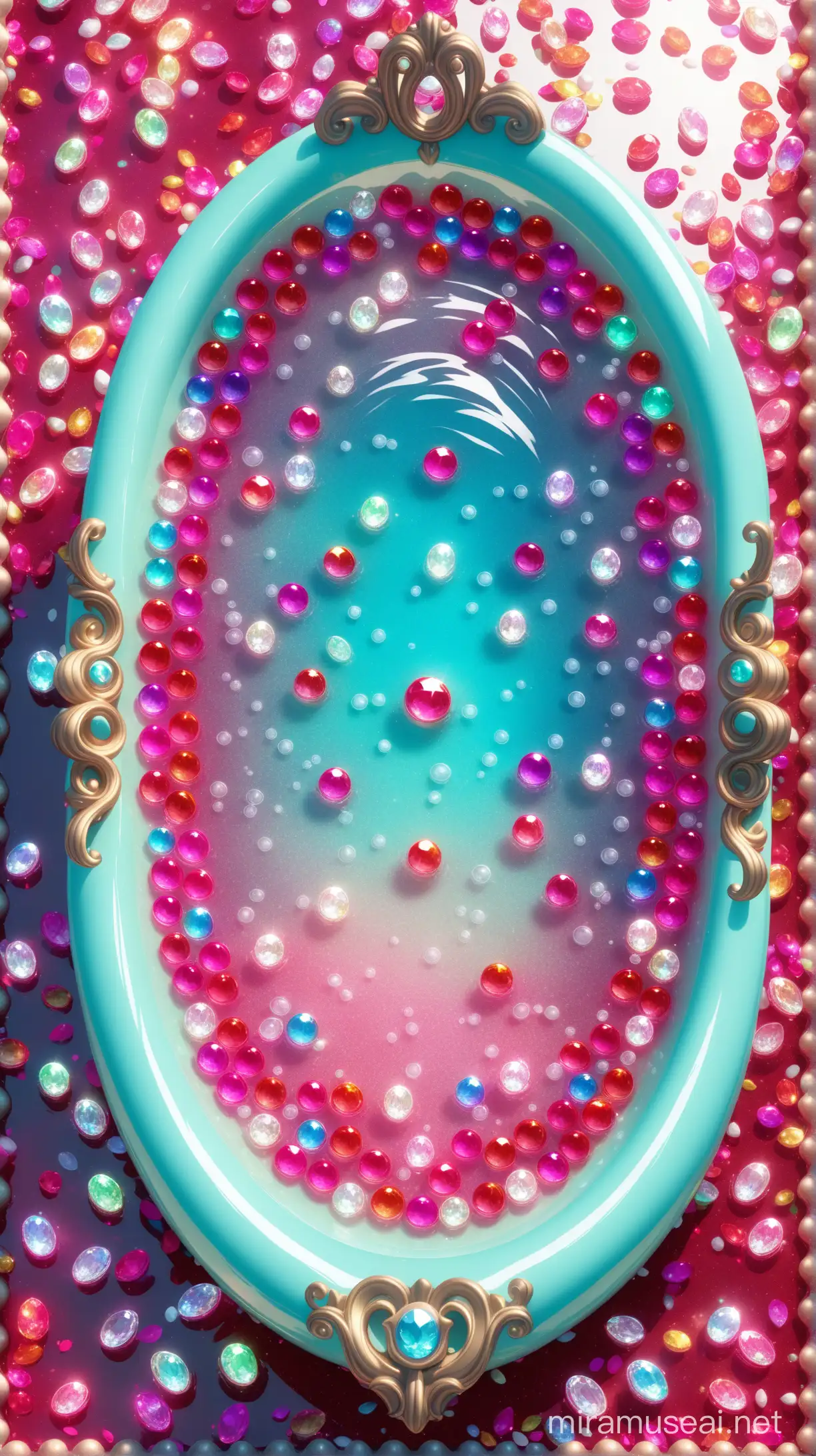 a rococo bathtub decorated with lots of sparkly gemstones, filled with clear water, with crystal rose petals floating on top of water, top view, Disney color, C4D rendering, glass texture, HD detail