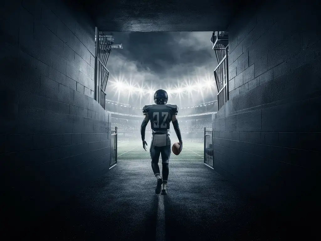 entrance hall football stadium,  tunnel in a stadium and heading to the field, at the end of the tunnel must see the stadium field and lights, dramatic, curious, dark  
