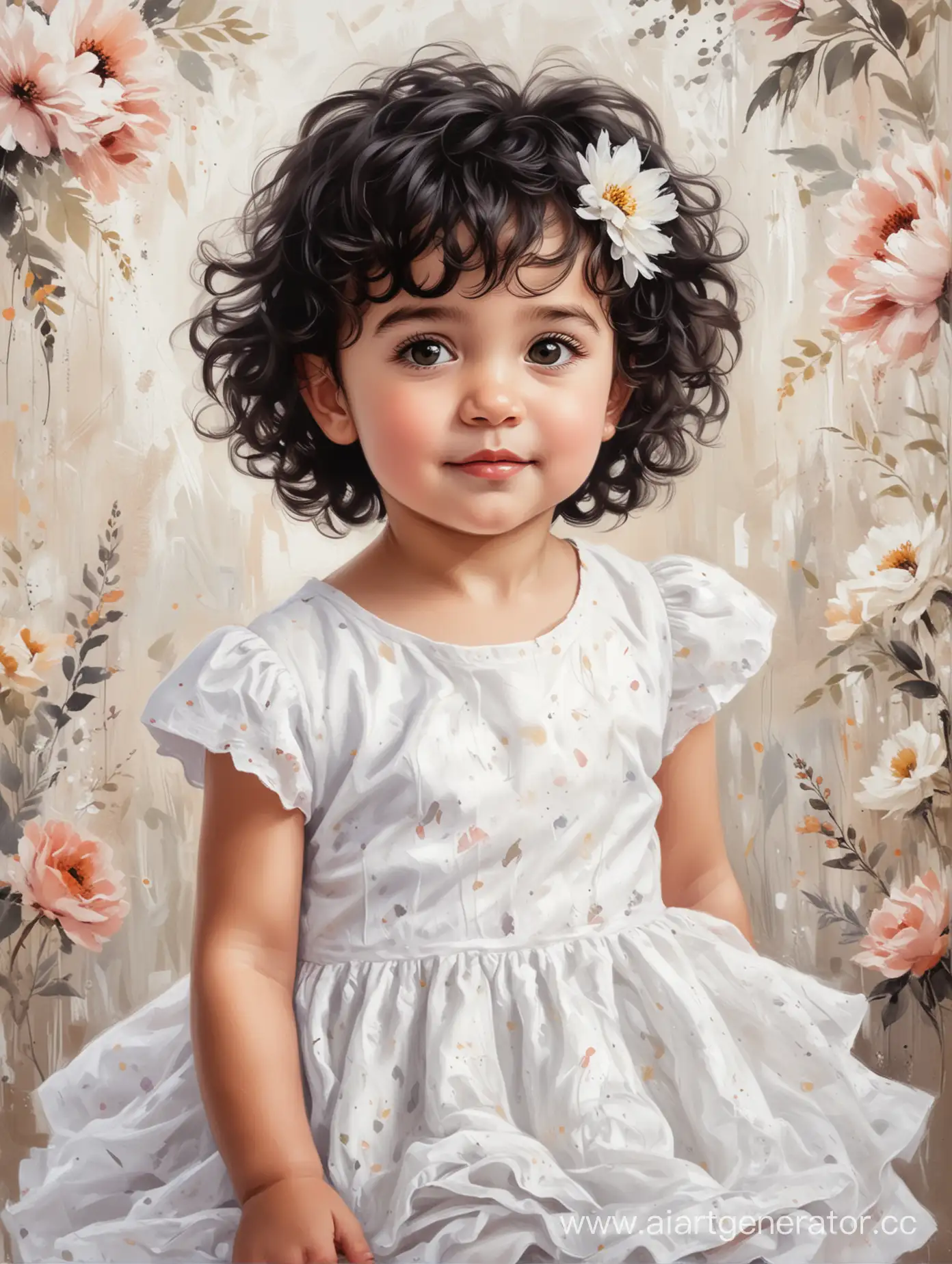 Adorable-Baby-Girl-Portrait-with-Short-Black-Curly-Hair-in-White-Fluffy-Dress-against-Floral-Canvas-Background