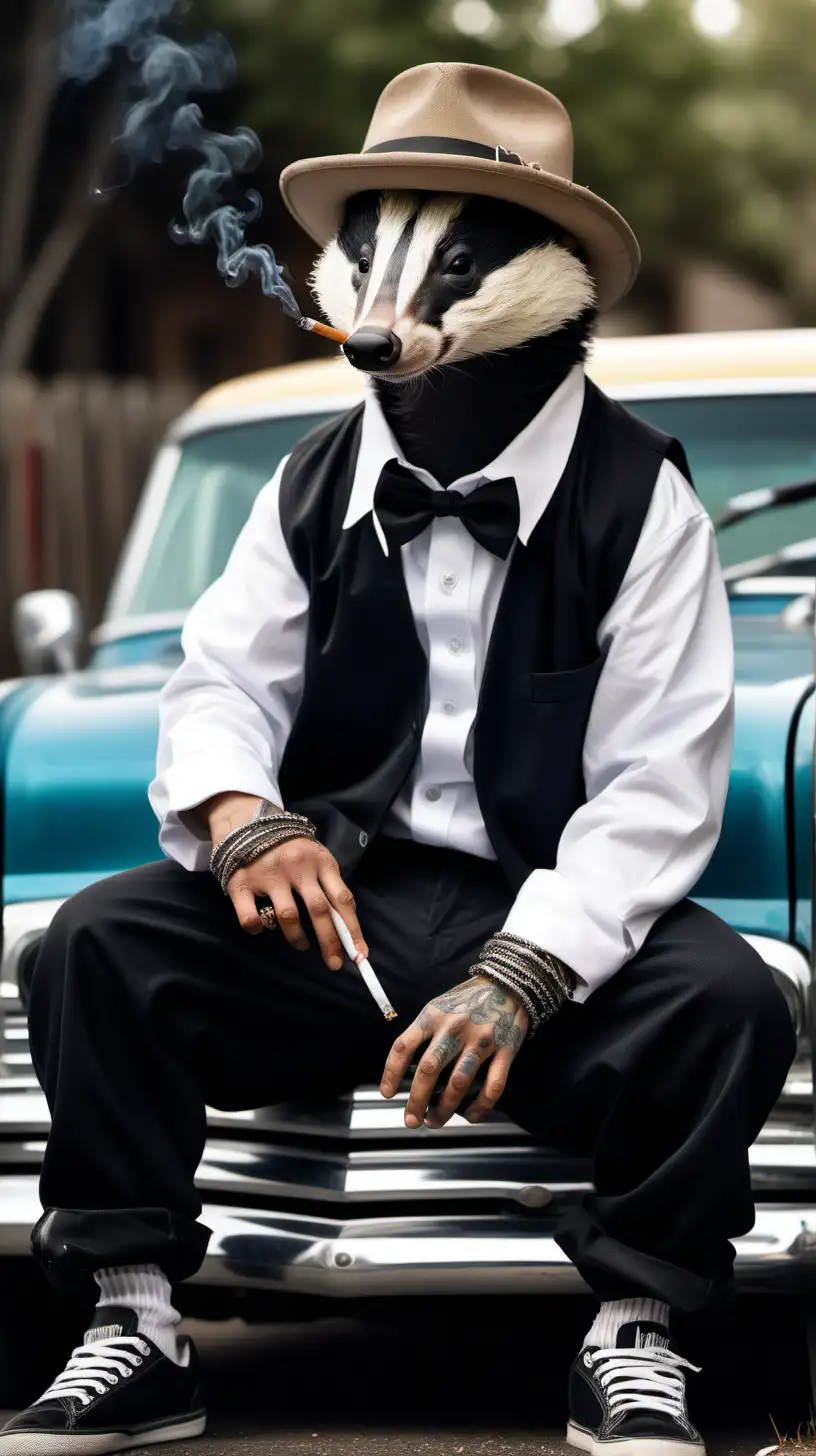a badger dressed like a cholo sits on a low rider car smoking a cigarette.