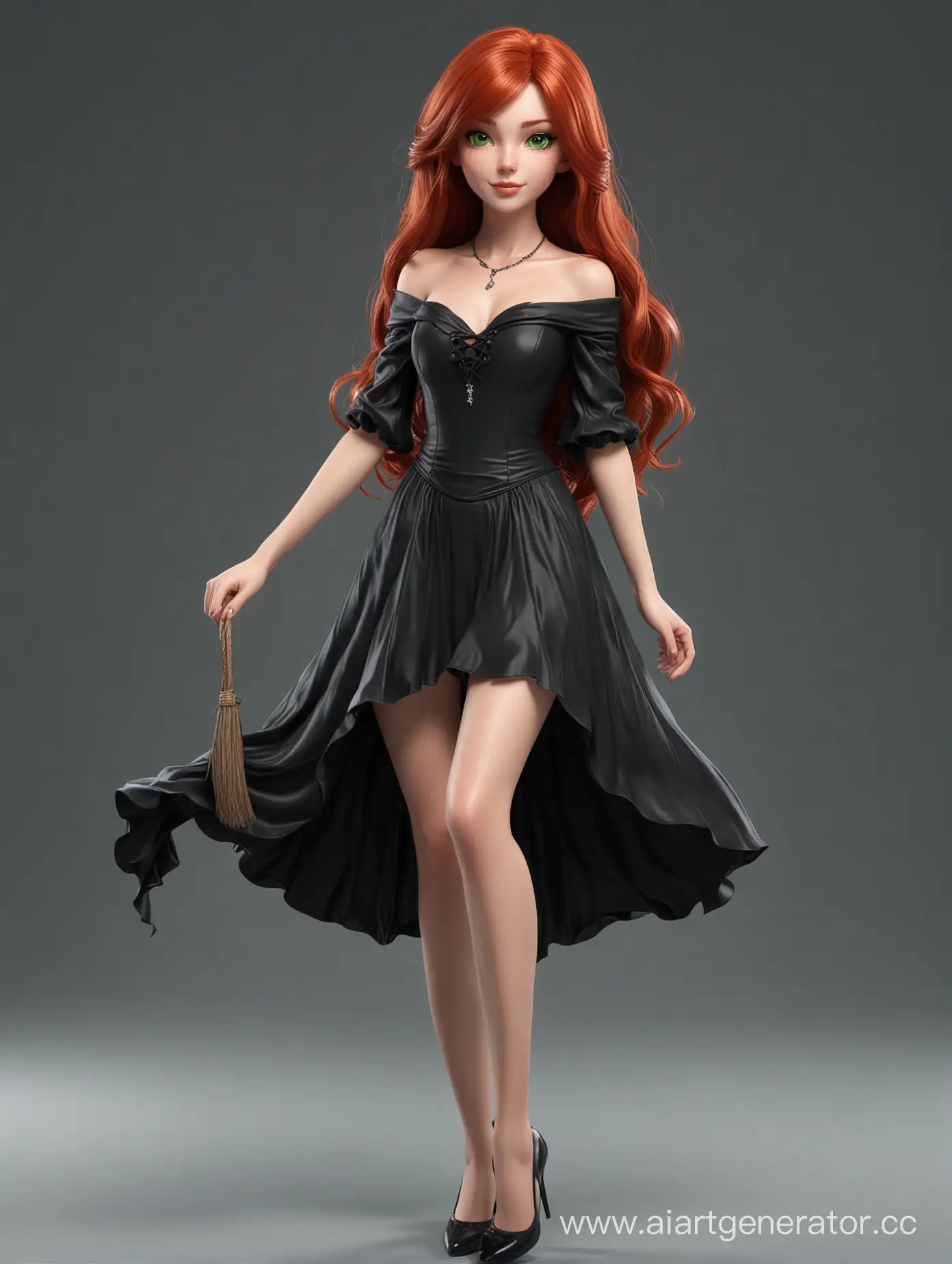 Sexy girl, with beautiful long legs, a witch with red hair, with green eyes in a black dress, very cute, 3D render, cartoon style