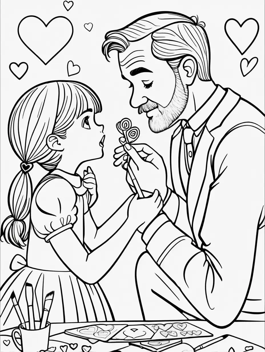 Cute, fairytale, whimsical, cartoon, Daddy and daughter painting each other's faces with Valentine's Day designs, black and white, thin lines, coloring page, simplistic, aspect ratio 9:11, no shading
