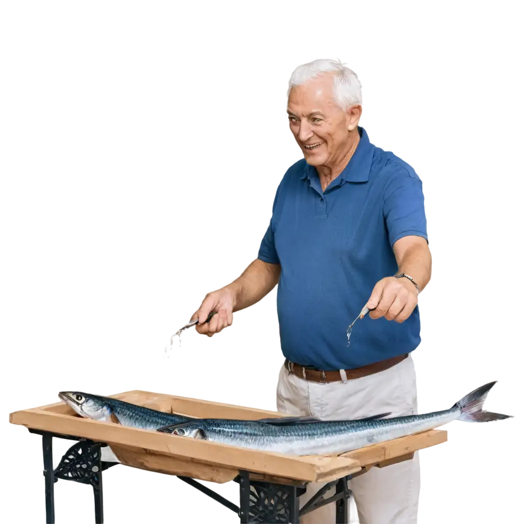 An elderly man buys mackerel