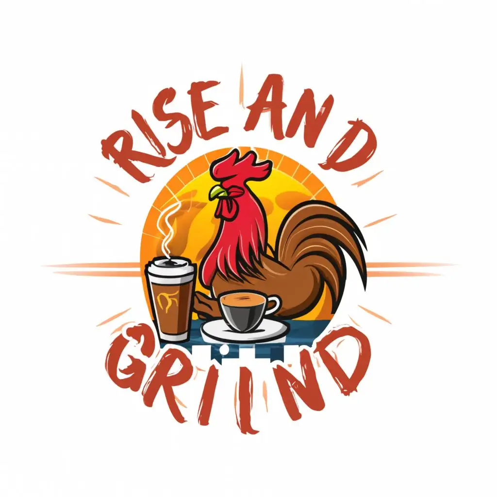 a logo design,with the text "Rise and Grind", main symbol:rooster, coffee, sunrise, sun, coffee cup, Rise & Grind,Moderate,be used in Restaurant industry,clear background
