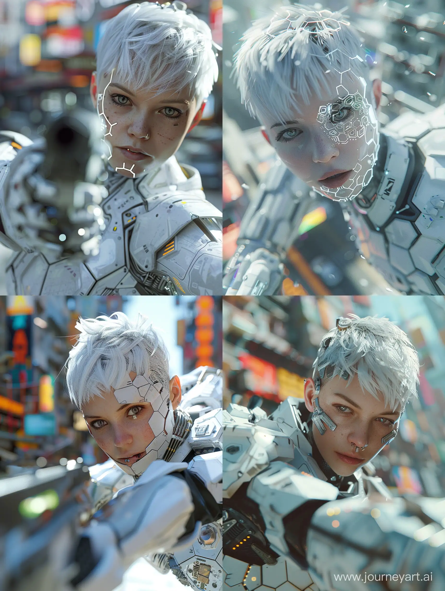 a  close up super high quality,high definition, high resolution, high detail cinematic worm view dynamic scene where a cyberpunk female with short frost white hair and  enhancement face tech aiming towards the viewer and The armor she is wearing is  revealing the hexagonal white armor which is adorned with intricate detailing, seamlessly integrating advanced technological enhancements on the armour,blurry background of vibrant contemporary city during daylight,Volumetric lighting casts dramatic shadows, enhancing the ultra-realistic cinematography and creating a contrast between the female and the environment. The scene is full of details and oddities as well as reflections, glows, The scene is rendered in a realistic style, with high definition, high resolution, and high detail.
