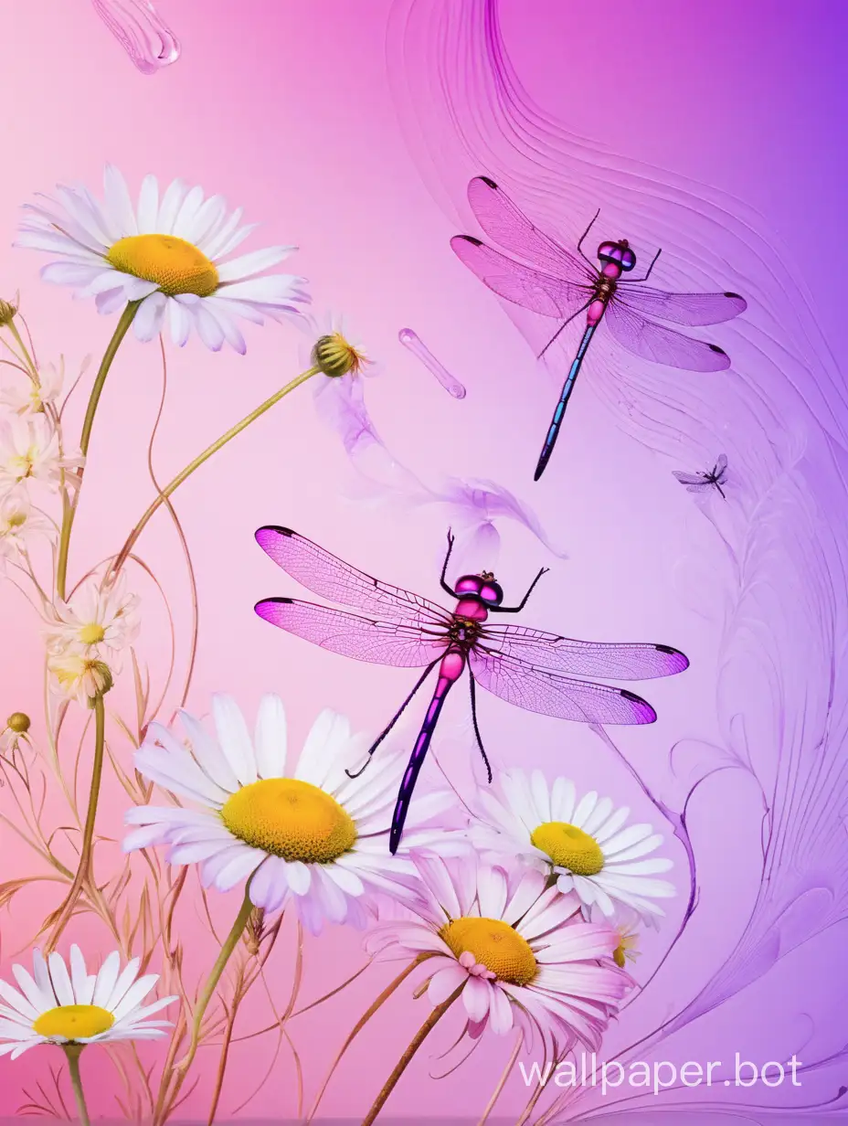 On the right side of the wallpaper at the bottom, in the corner, there is a chamomile with a dragonfly on it, horizontally from left to right strokes penetrating each other, wavy colors - pink, lilac, golden, strokes are wide, strokes are semi-transparent, neon, slightly glowing