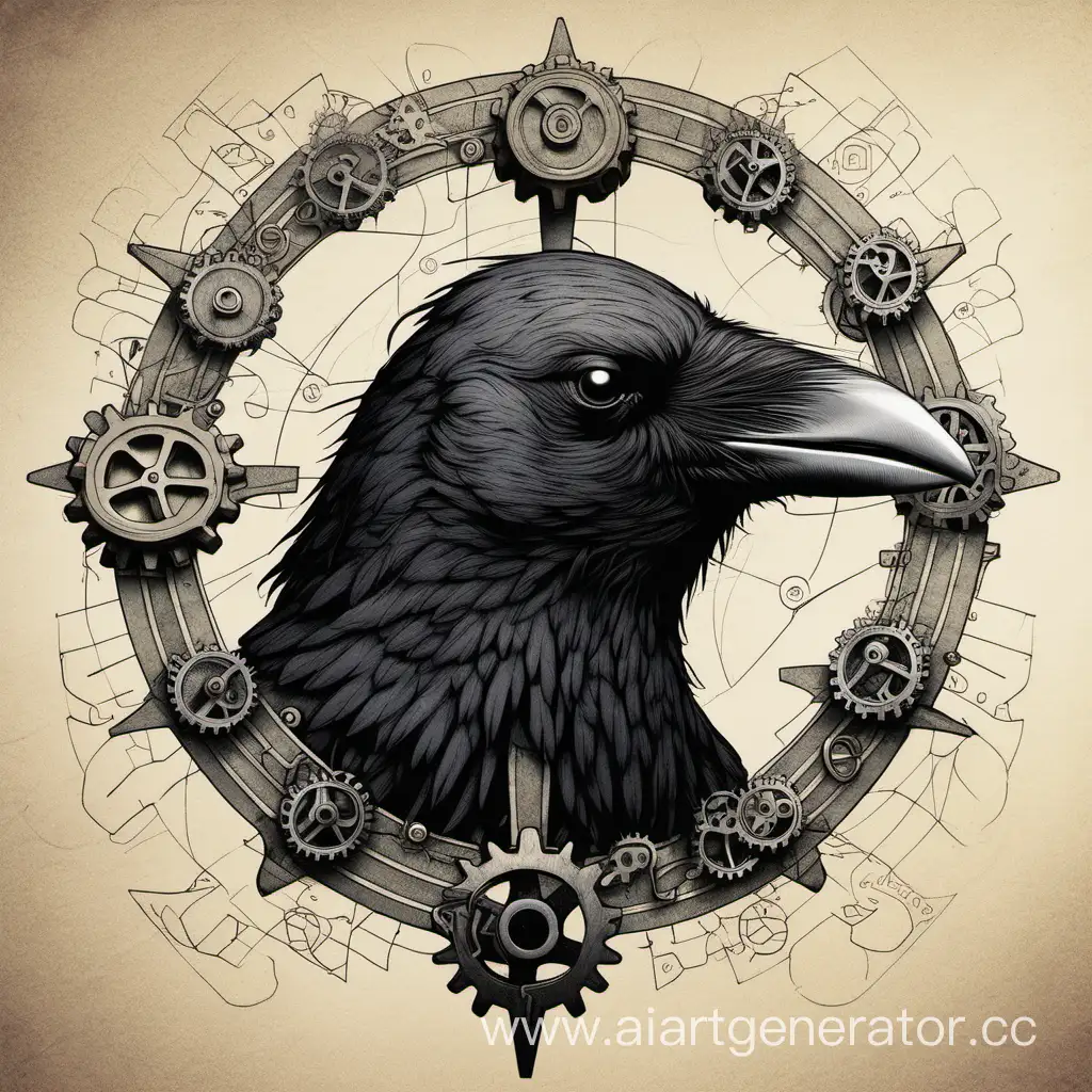 Рисунок головы ворона с рунами и рядом шестеренки