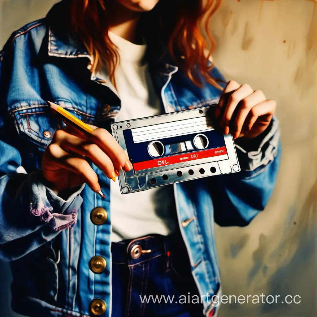 music cassette close-up in the hands of a girl in a denim jacket with a pencil between her fingers, nostalgia, oil painting, cinematic lighting