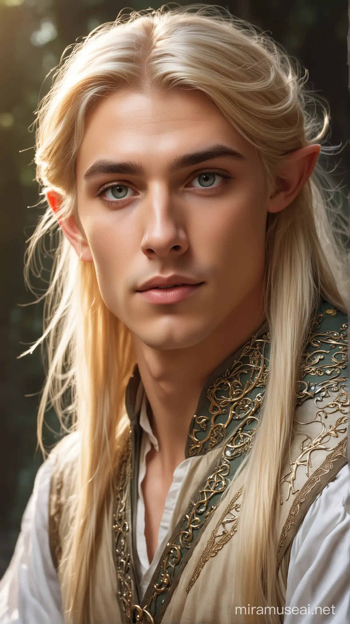 Young pretty male elven magical artist, blonde hair