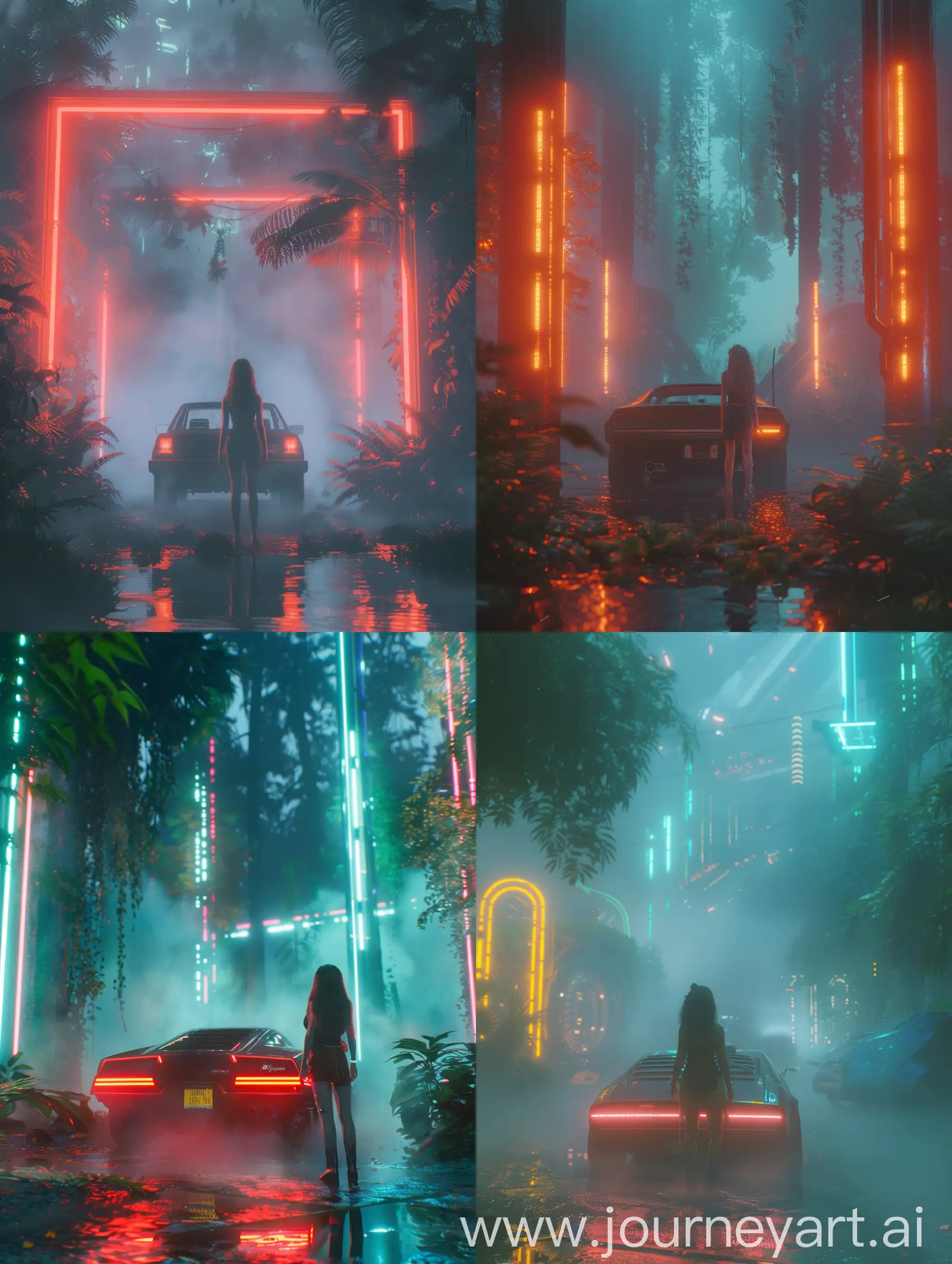 Create a cinematic scene featuring a beautiful girl standing in front of a car in a sci-fi setting. The scene should be enveloped in thick fog and illuminated by neon lights, giving it a forestpunk aesthetic. Please ensure that the scene is framed in a 16:9 aspect ratio, as if captured by a Super 8 mm camera