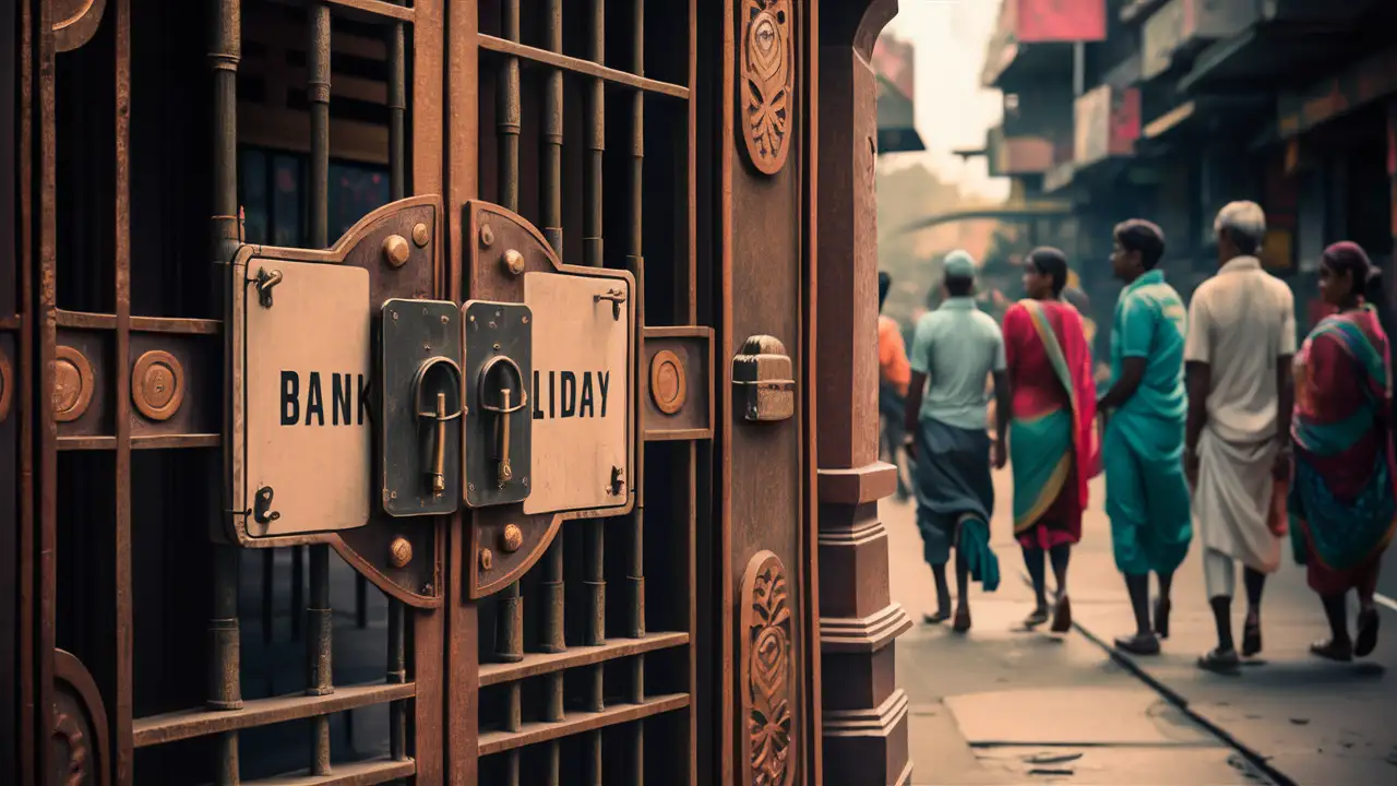 Create a realistic AI-generated image of a bank holiday in India. Show the closed and locked gate of the bank, with a sign indicating the closure. Include some people walking on the street, possibly looking at the closed bank