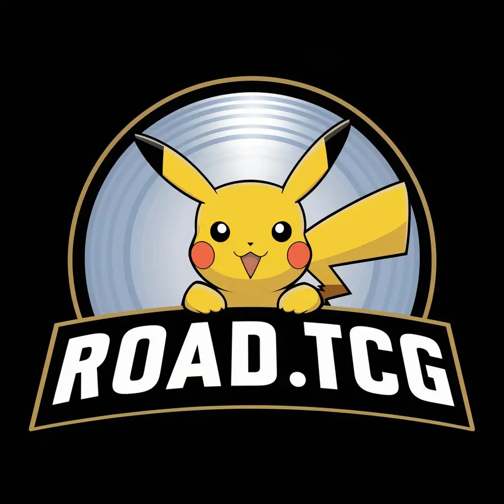 logo, pokemon, pikachu, holding sign(company name), with the text "Road.TCG", typography, background colour bright