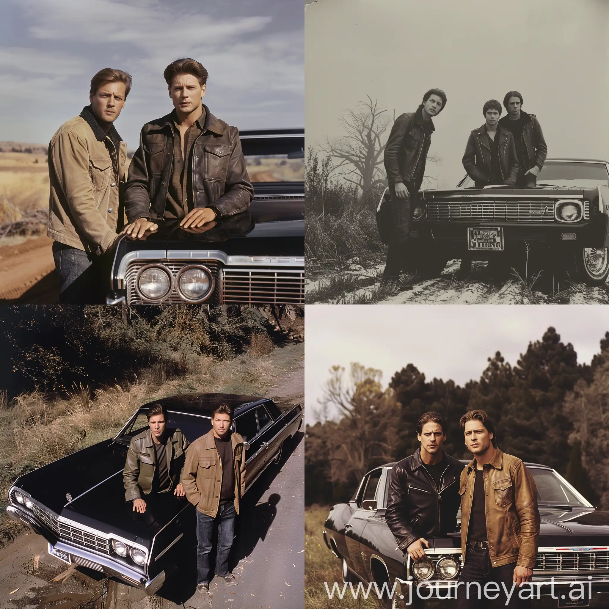 sam and dean winchester in hell standing next to the black impala 1967
