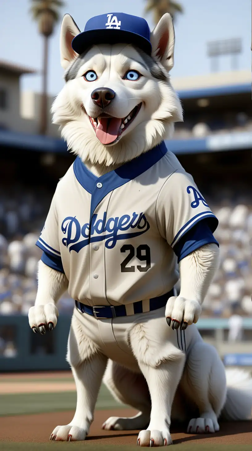 White and Grey Husky Dog in Los Angeles Dodger Uniform Number 29