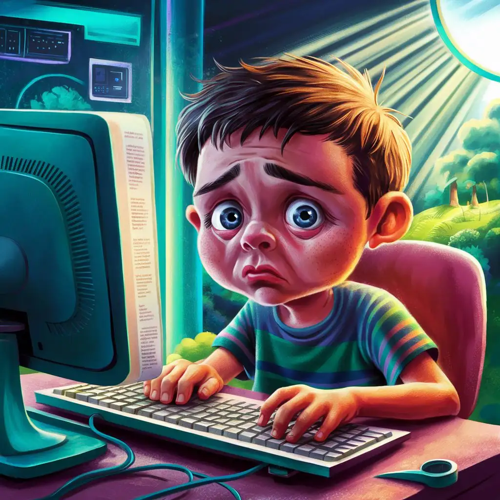 crea un disegno colorato di un ragazzo che guarda lo schermo del suo computer e si dispera per quello che legge