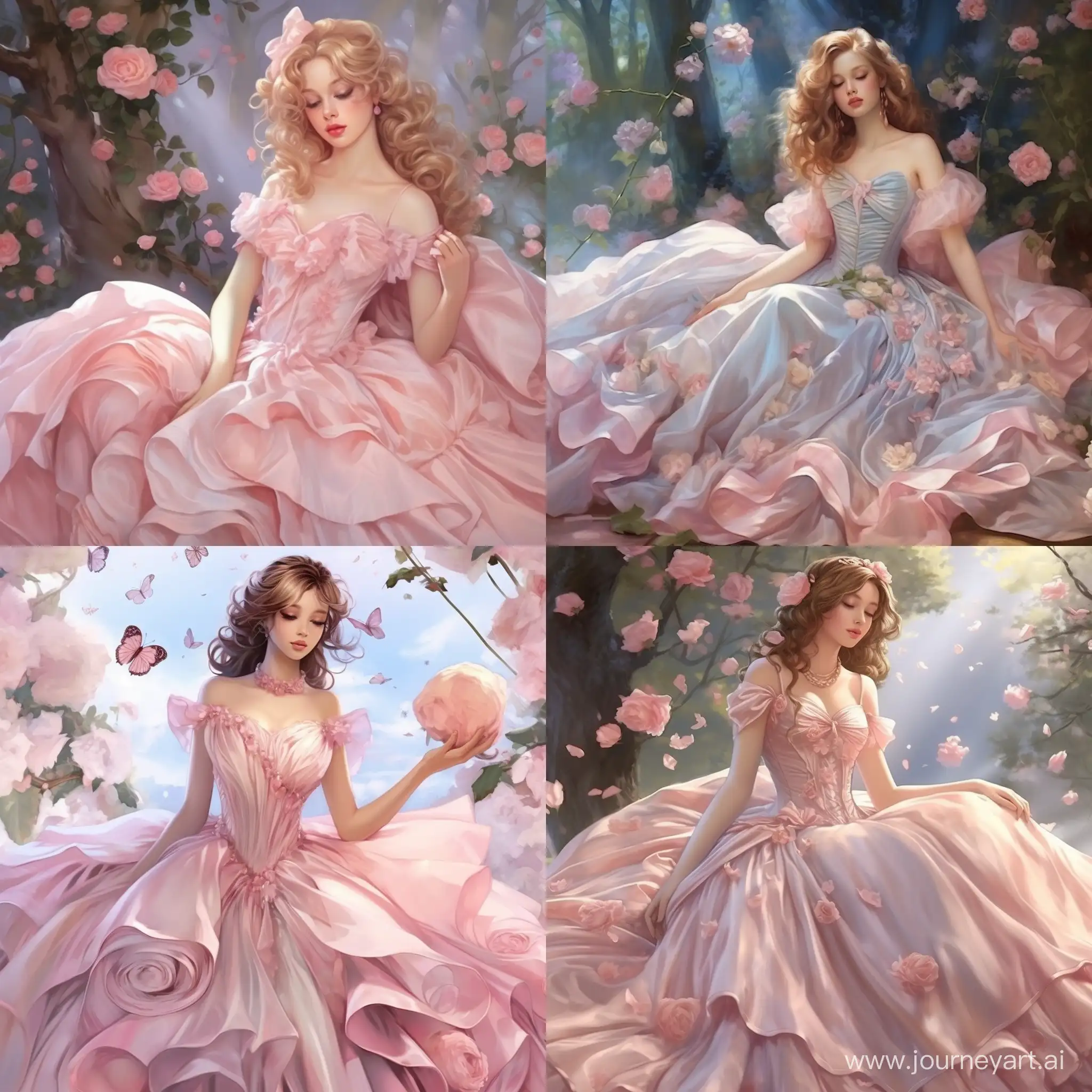 This is realistic fantasy artwork set in the an enchanted pastel bubblegum and rose garden. Generate a proud woman with a highly detailed face dressed in the billowing folds of a stunning French silk ballgown. The woman's sweet face is ((((highly detailed, with realistic features and soft, puffy lips.)))) The ballgown is embellished with ruffles, sashes, and bows and a delicately, but intricately, hand-embroidered bodice. The corset features silk ribbon. The woman's stunning eyes are beautifully detailed, featuring realistic shading and multiple colors and high resolution. The woman is in a garden of eternal roses, each one beautifully formed and highly detailed. These realistic roses feature shimmering shades of pink, yellow, orange, and glimmering red. The eternal rose is a deep shade of red with shimmering pink overtones and undertones. Ensure that the woman's face, hair, and eyes are perfect. Important: include interesting details like stars, bubbles, ((and glitter)). realism, high fantasy, whimsical fantasy, storybook fantasy, fairytale fantasy, fantasy details, enchanting, bewitching, 8k, hires, cgi, digital painting, unity, unreal engine, (((masterpiece))), intricate, elegant, highly detailed, majestic, digital photography, art by artgerm and ruan jia and greg rutkowski, (masterpiece, finely detailed beautiful eyes: 1.2), hdr, realistic skin texture, (((1woman))), (((solo))), Include a highly detailed face, extremely detailed face, and interesting background