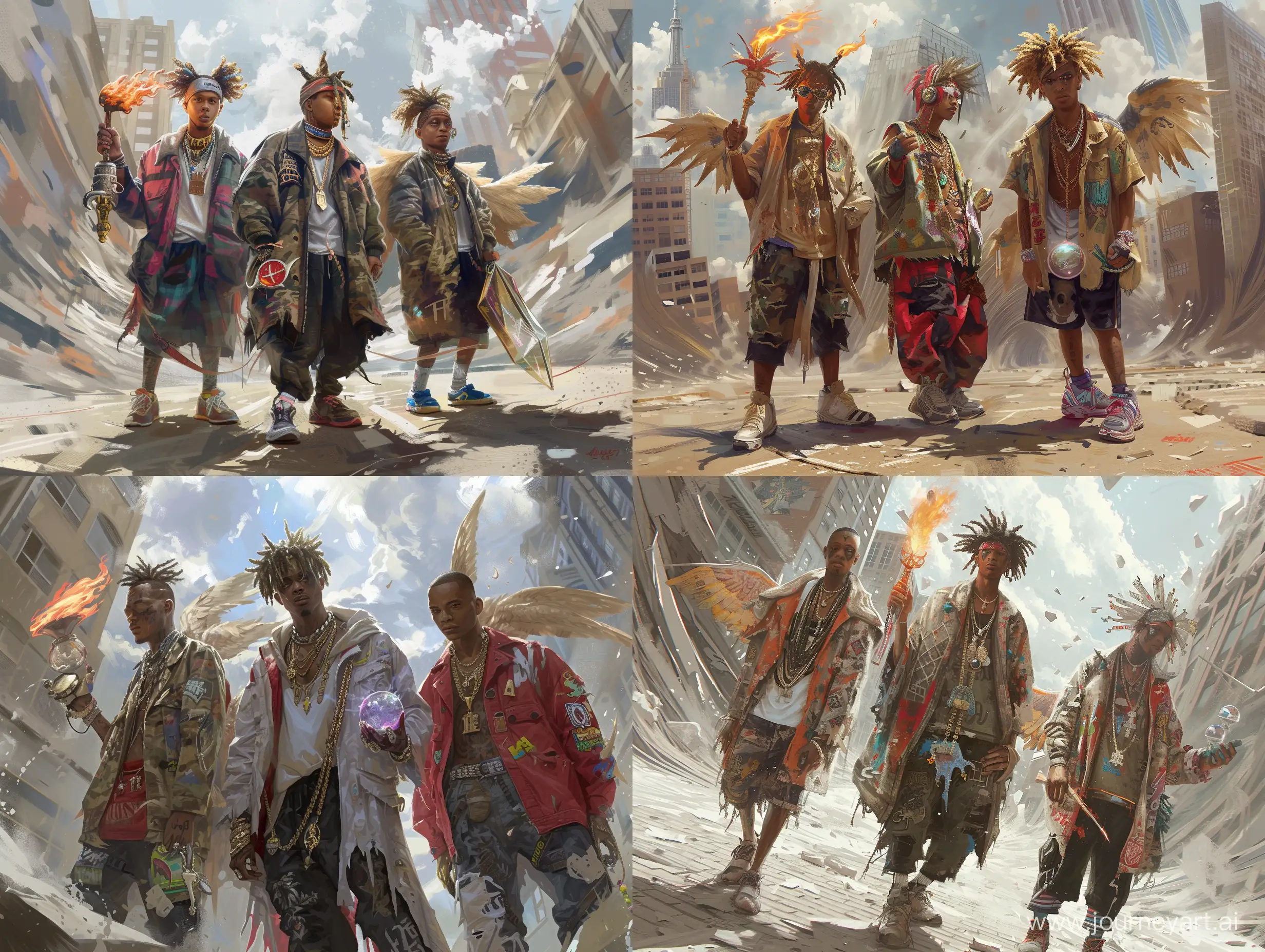 Three gang members in Ohio in 2015 are depicted in a surrealistic style, standing in a distorted and dreamlike urban landscape in Columbus. They are dressed in bizarre and exaggerated streetwear, with surreal accessories and symbols. One member holds a flaming sword, another holds a crystal ball, and the third member has wings sprouting from his back. The environment is surreal and otherworldly, with buildings twisting and melting into the sky. The art style is inspired by surrealism and fantasy, with dreamy textures and vibrant colors. The camera shot is a wide-angle view, capturing the surreal distortion of the scene. Rendered with surreal textures and vibrant colors to create a sense of unreality and fantasy.