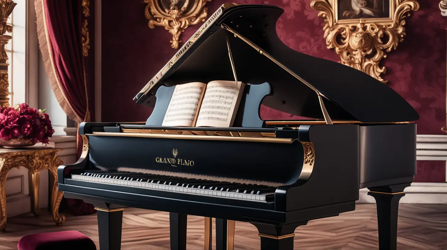 Блестящий черный рояль, нотная тетрадь, скрипка лежит на нотной тетради, на фоне стиля барокко . Бордово-золотой цвет