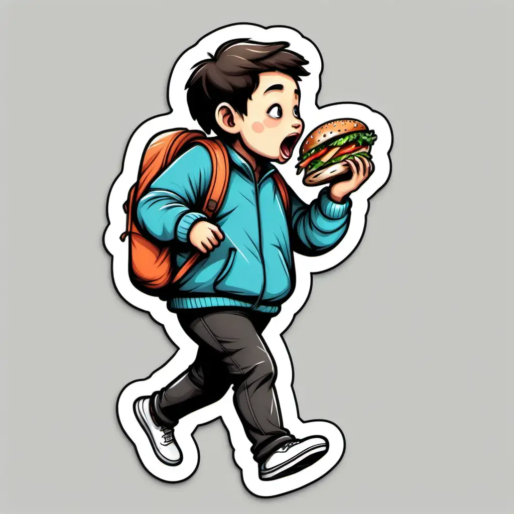 Energetic Individual Enjoying a Quick Stroll and Snack in Detailed Sticker Style