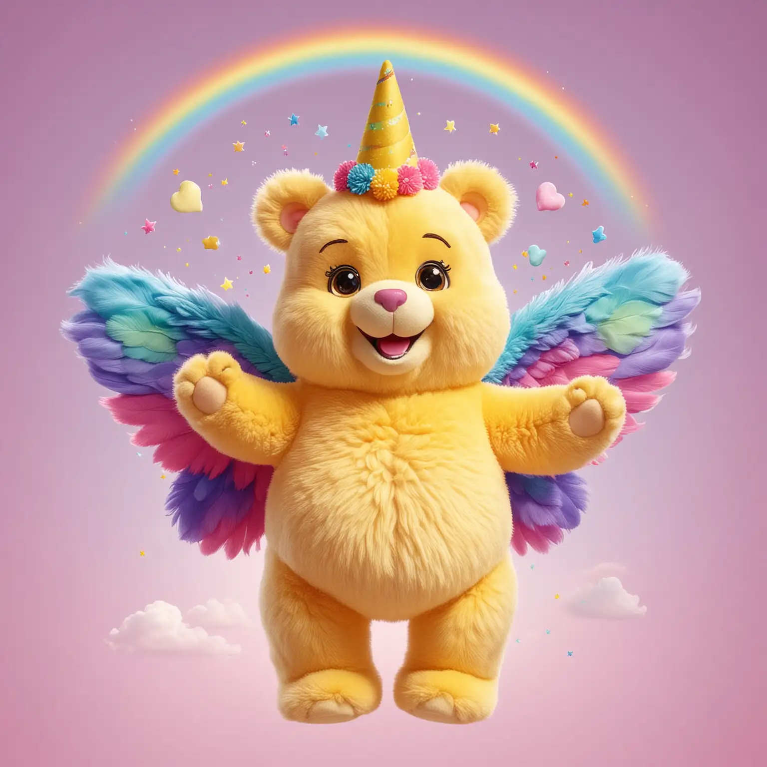 happy magical flying fuzzy yellow care bear with rainbow unicorn horn and magical rainbow wings, flying
