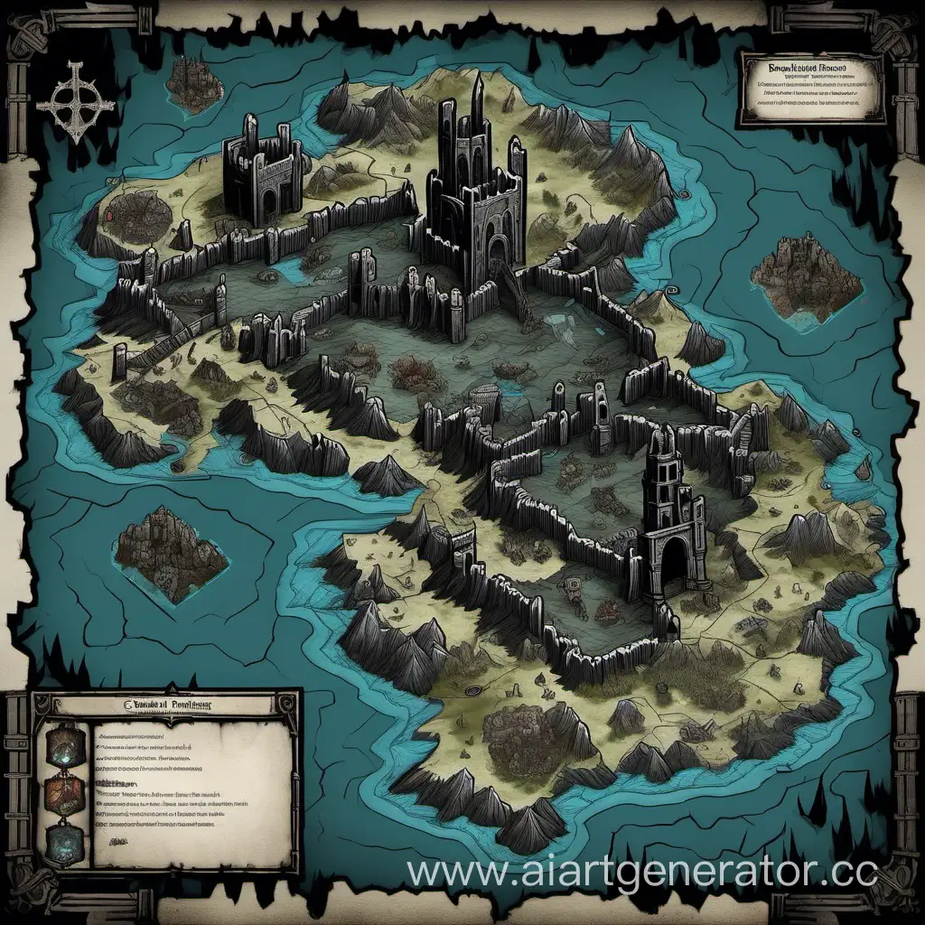 A map of the mainland with castle ruins and glaciers and an old cemetery with different landscapes  for the grimdark fantasy board game in the style of Darkest Dungeon game