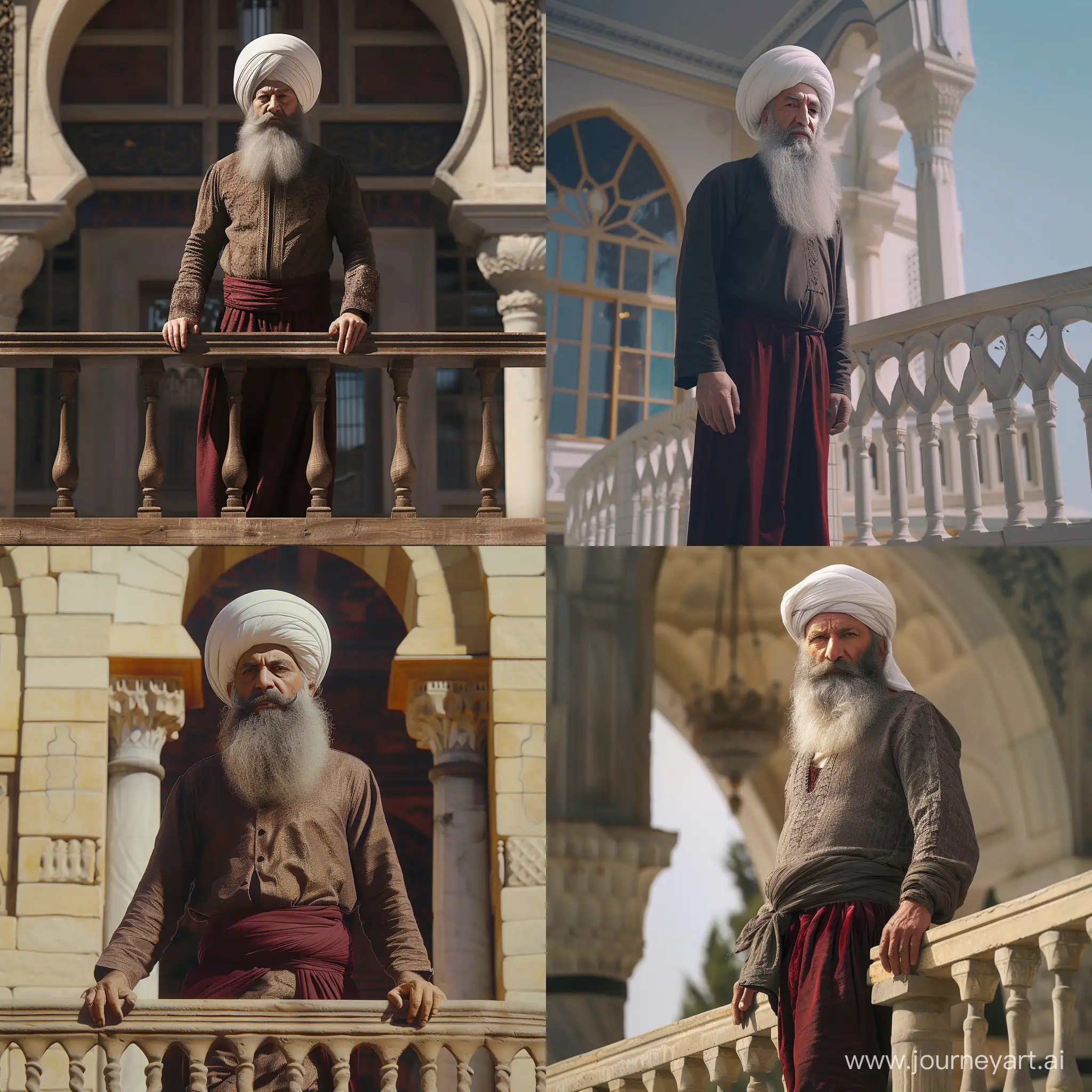 61 years old Mimar Sinan standing on the balcony of the Ottoman palace. He has oblique nose and long grey full beard. Wearing dark red Ottoman trousers. Big size white Ottoman turban. Sunny day. Mosque. Cinematic shot. Realistic. 8K. HD