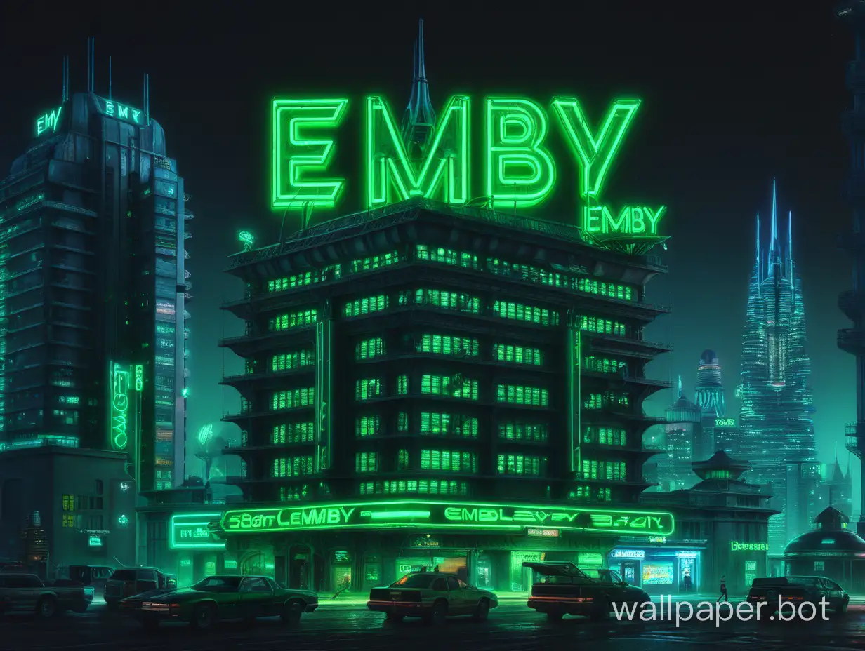 dark futuristic cityscape with large building that says "emby" in neon green lettering