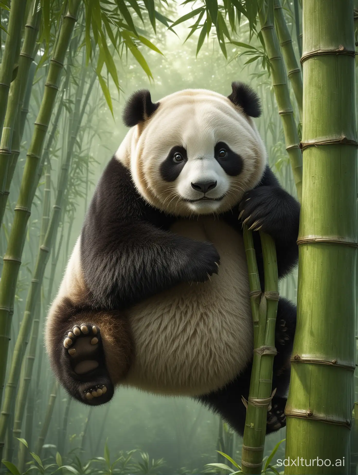 high res. Image of a fat green panda bear clinging to a bamboo tree. Extremely clear Photo realistic imaging