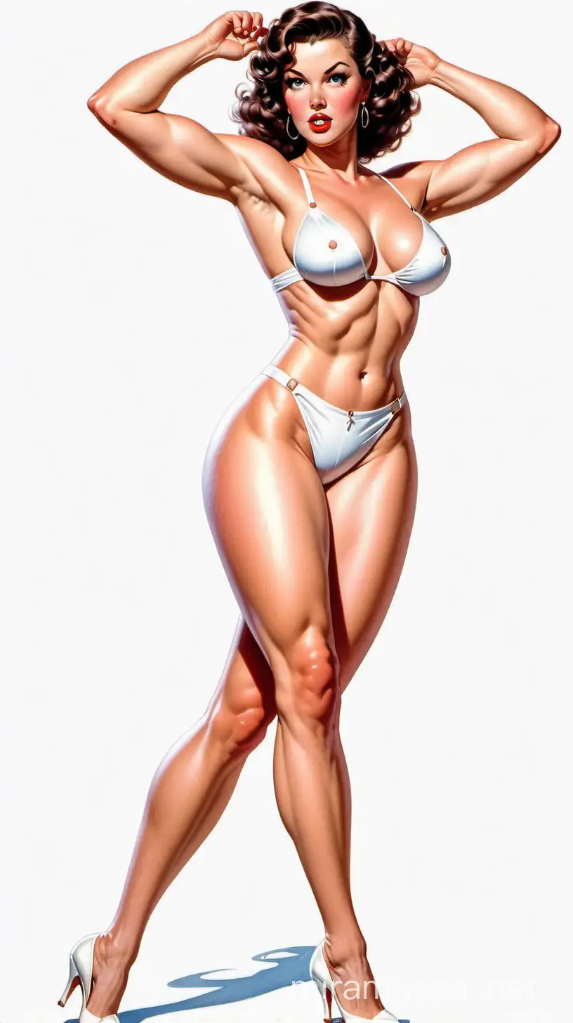 Vintage Pinup Art Seductive Woman in White Bikini and Heels