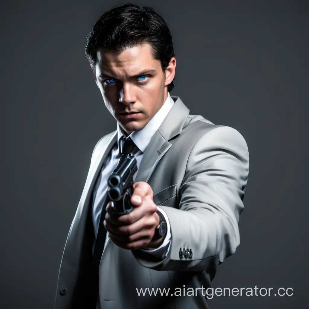 Детектив молодой пареньс темными волосами, голубыми глазами и с пистолетом
В белой рубашке черном галстуке и сером пиджаке