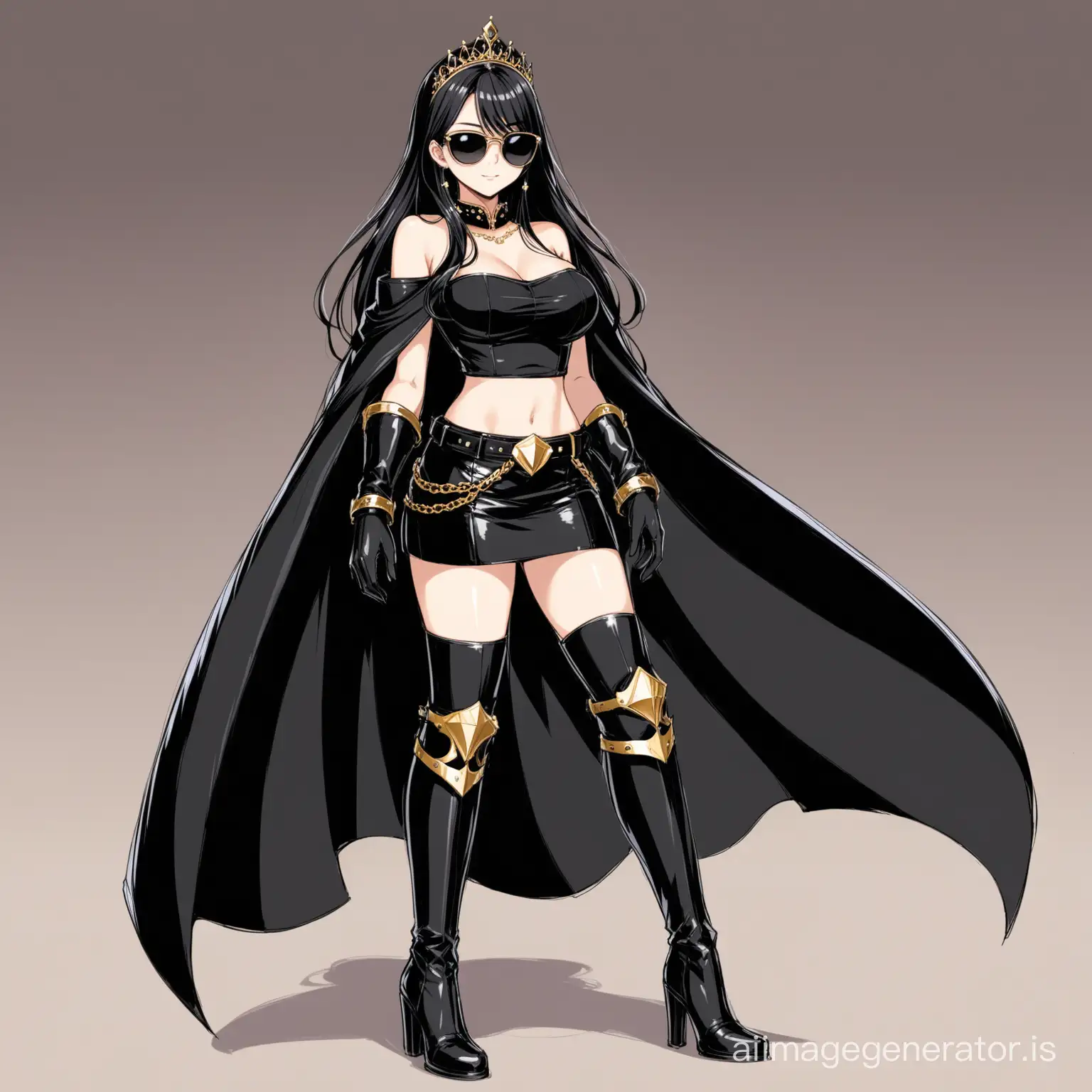 hot anime girl with long and beautiful black hair dressed in a black off-shoulder croptop along with a black leather skirt with a belt. she is also wearing a long black cape starting from her shoulders till the legs. she also wears a pair long black leather gloves and a pair tall leather boots. she wears a pair of cool shades and she looks royal by wearing a golden tiara