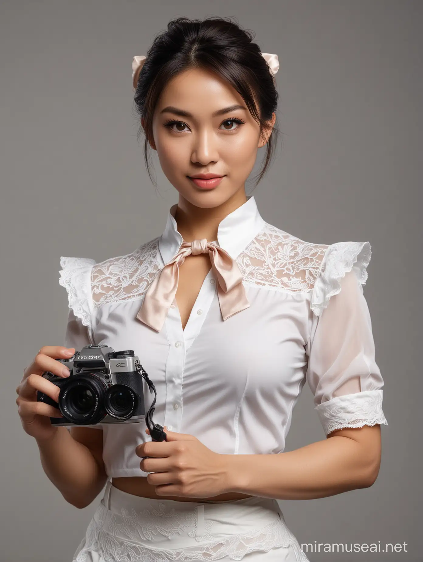 ChunLi Sensual Journalist Pose with Camera in Hand 8K Ultra Realistic Portrait