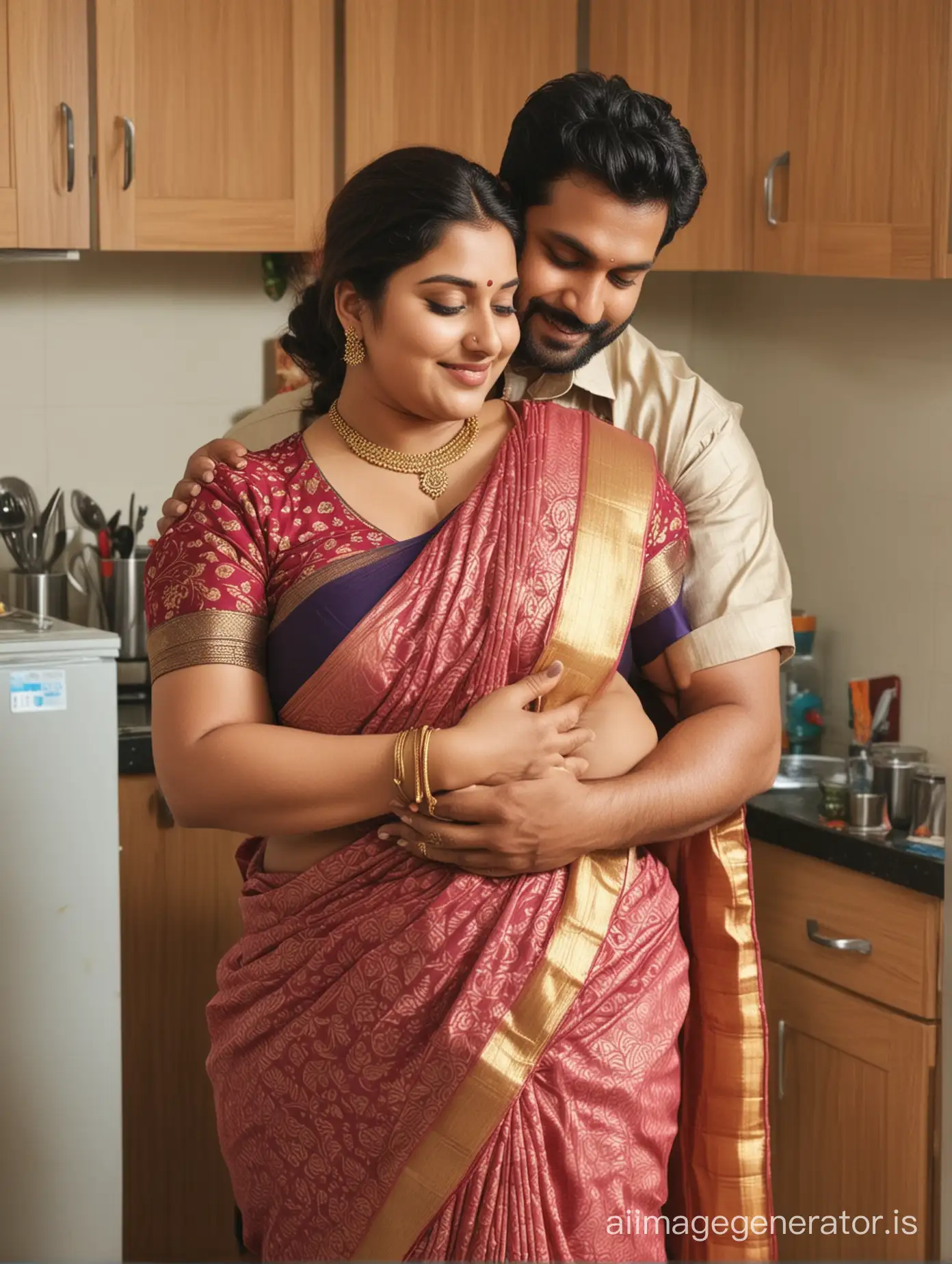 Shirtless husband hug beautiful plus size saree women at kitchen