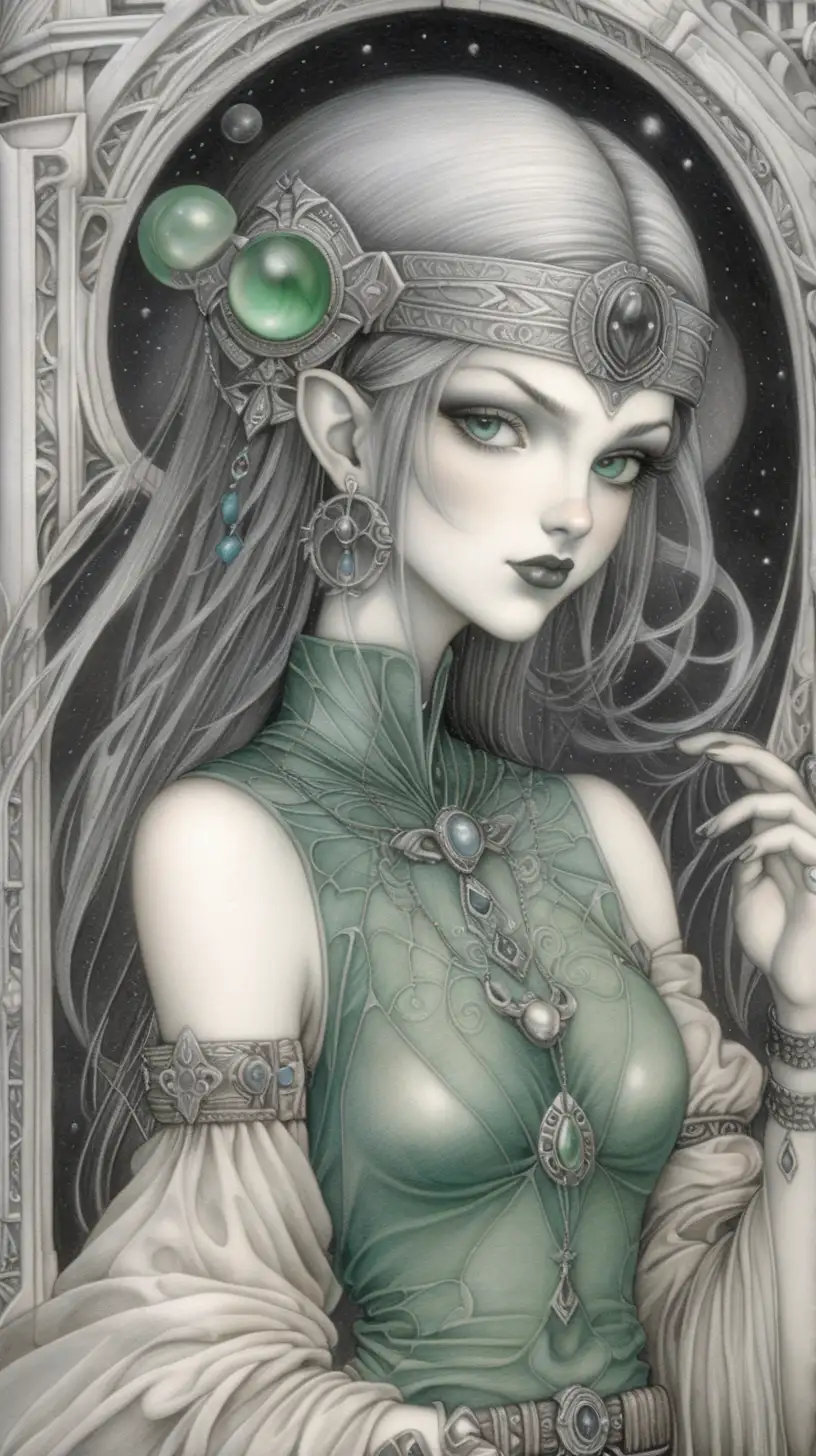 graphite, fine space art, jade and silver, Techno Marble, filmic, art by Tony Diterlizzi, city, book of shadows, detailed, clear focus, luna witch