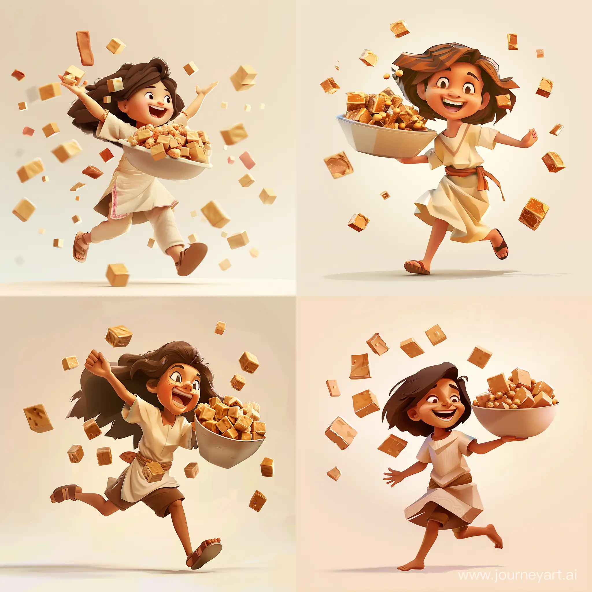 A Yemeni girl is carrying a bowl of toffee candy with nuts. She is very happy and runs away with the bowl. The background is a light color, 3D style, the candy is rectangles.