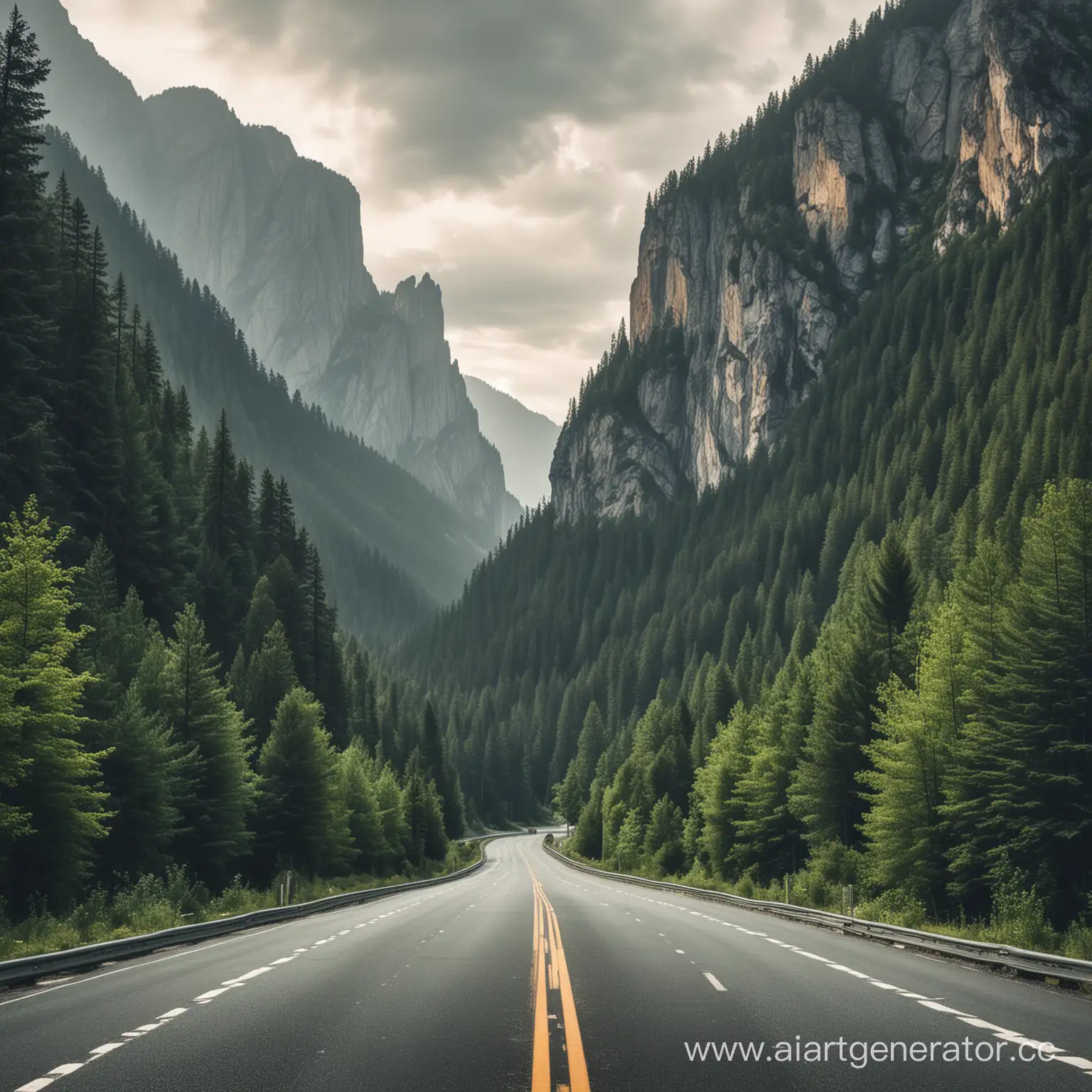 Generate photos of roads and forests mountains